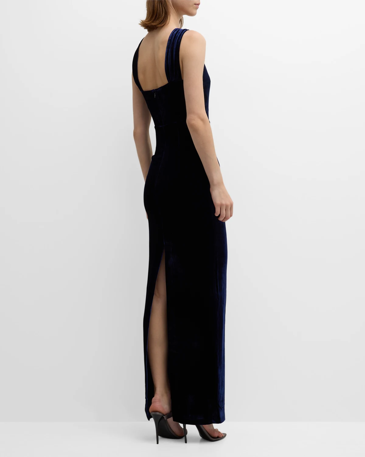 Asymmetric Halter Velvet Column Gown