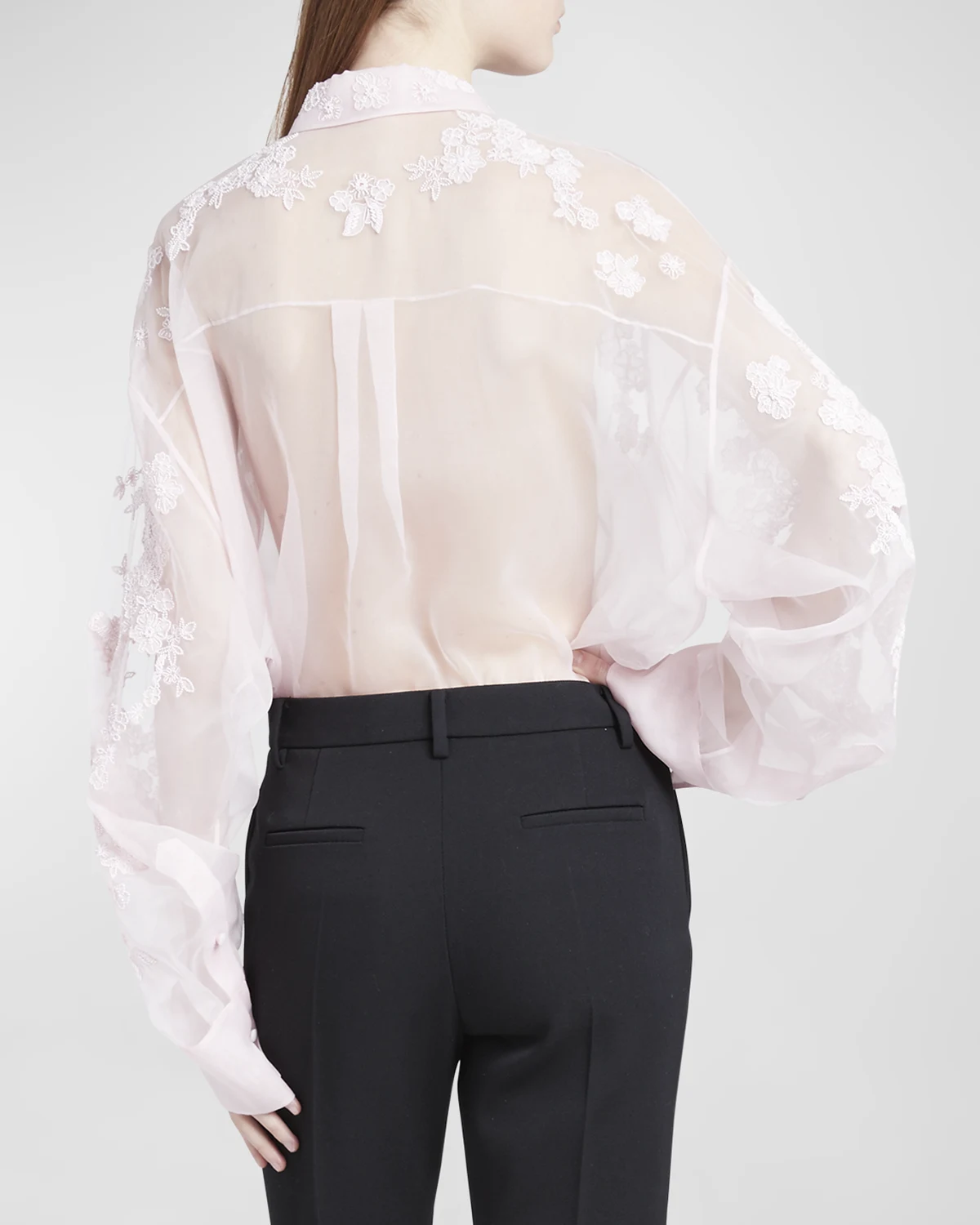 Sheer Lace Embroidered Button-Front Blouse