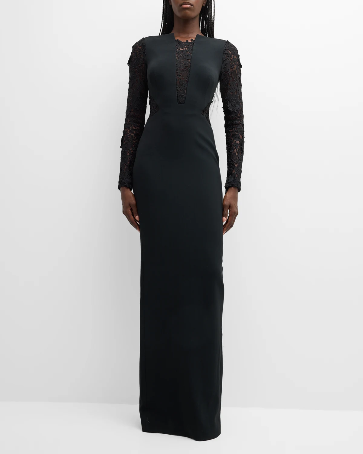 Black Crepe Gown with Lace Panels and Sleeves