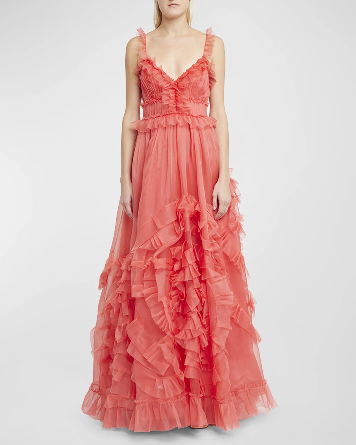 Margaux Frill-Strap Ruffled Silk Gown