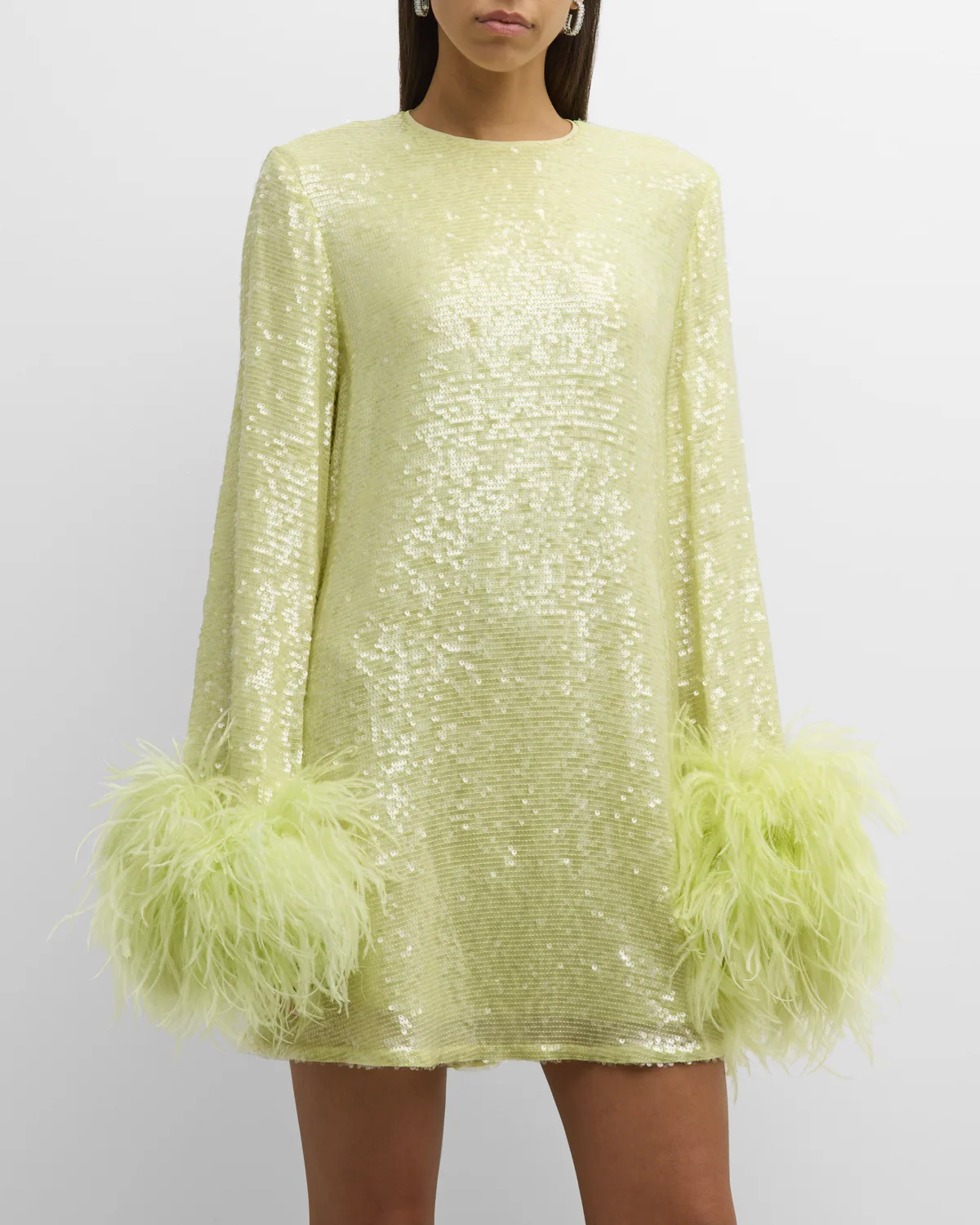 Feather-Cuffs Long-Sleeve Sequin Viscose Mini Shift Dress