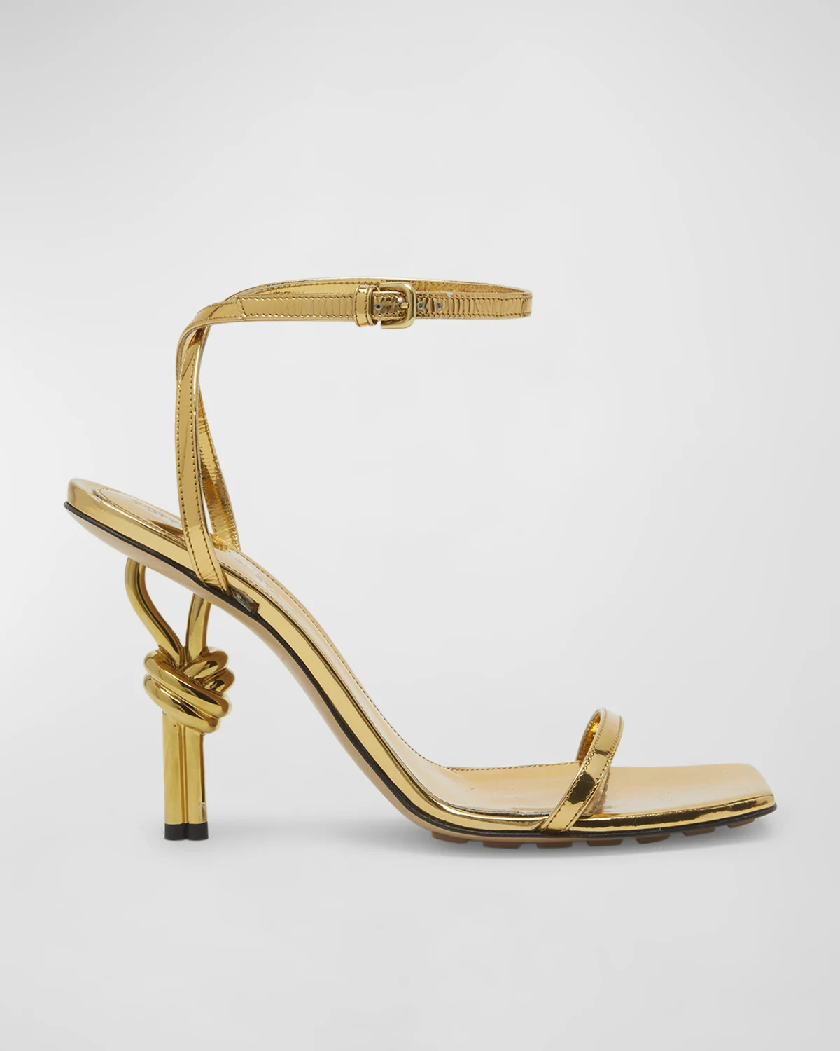 Metallic Knot-Heel Ankle-Strap Sandals