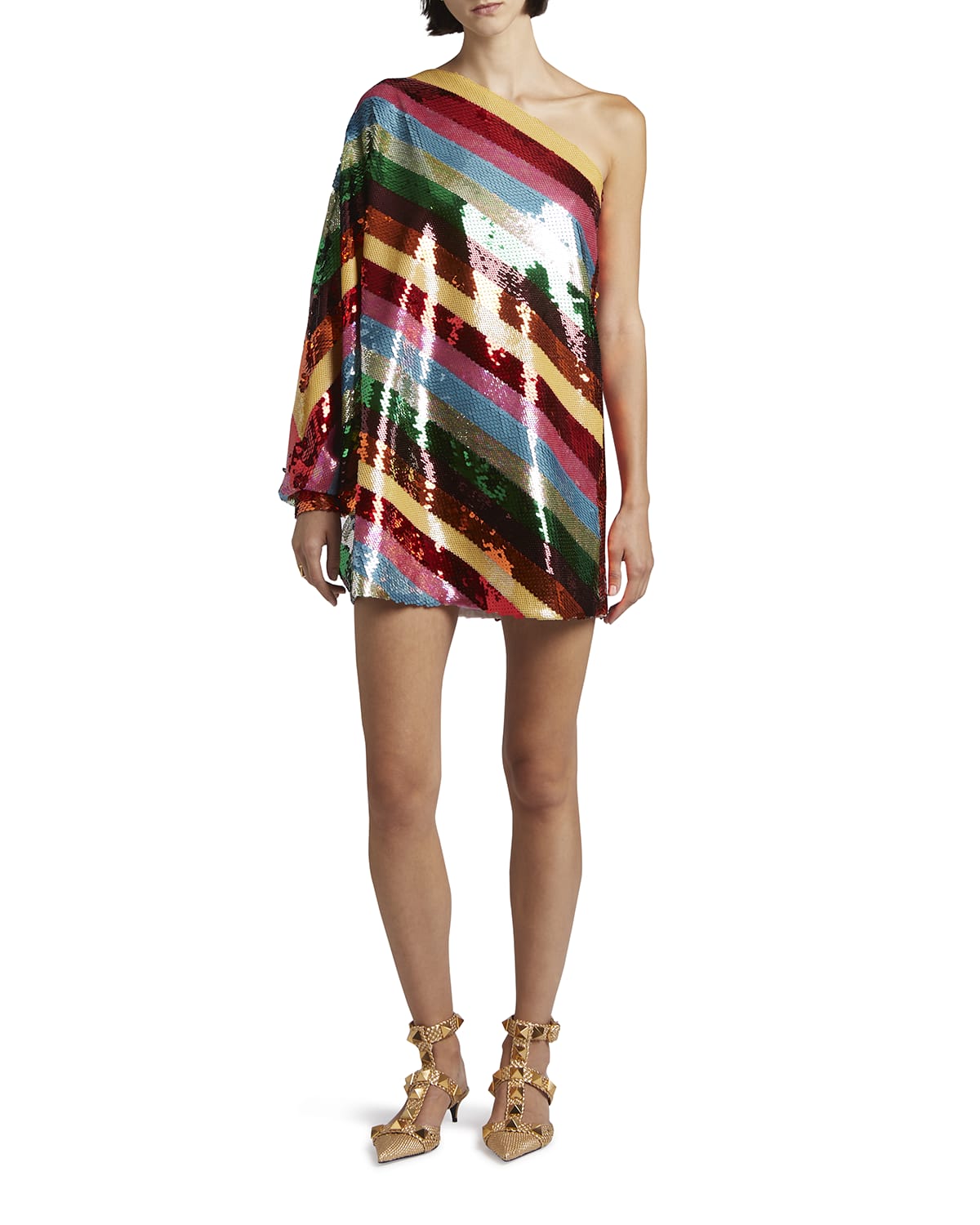 Diagonal Striped Sequin One-Shoulder Mini Dress