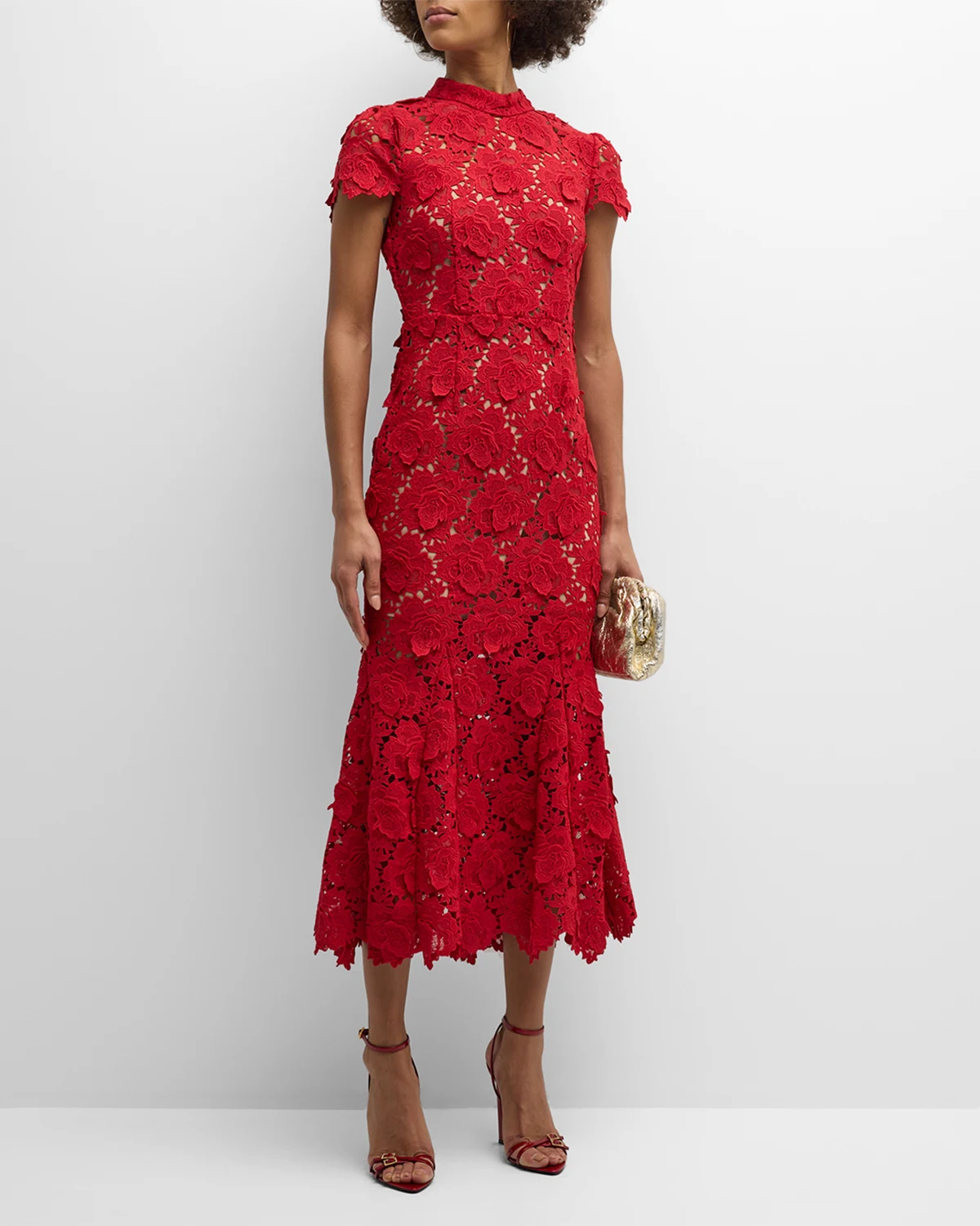 Flower Lace Short-Sleeve Trumpet Midi Dress