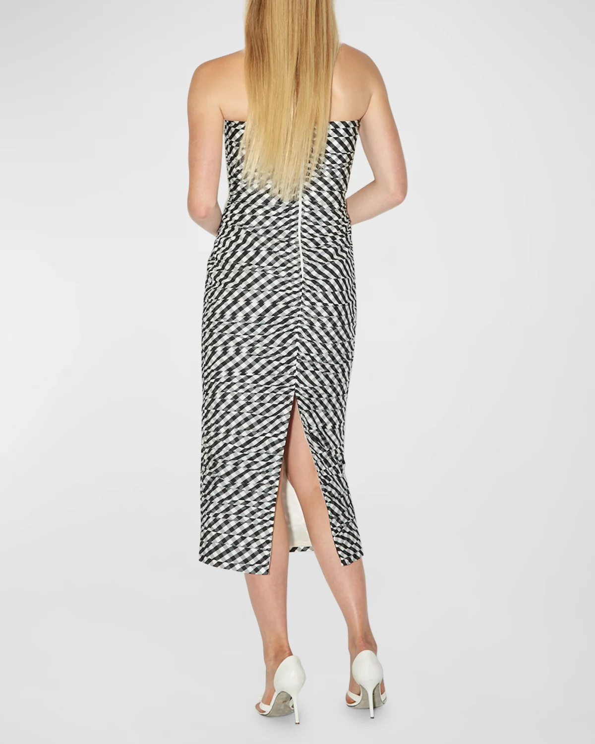 Tia Gingham Ruched Strapless Midi Dress