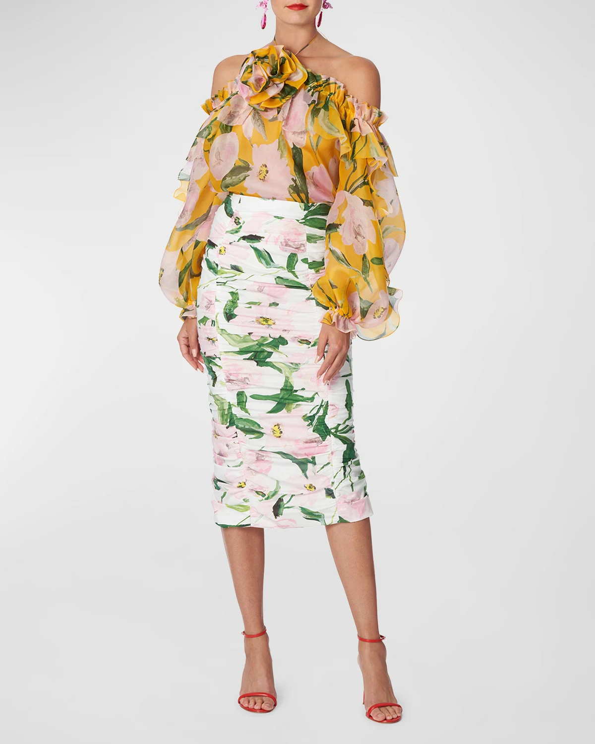 Floral-Print Ruched Midi Pencil Skirt