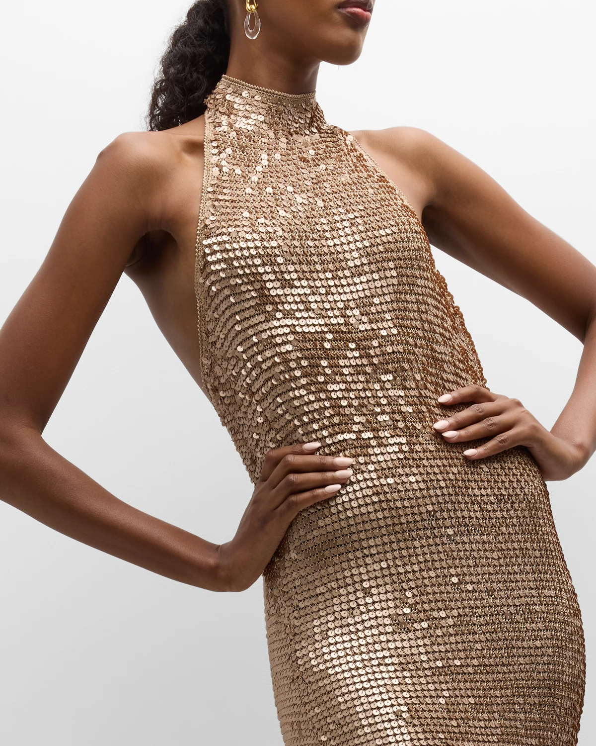 Renzo Metallic Sequin Halter Midi Dress