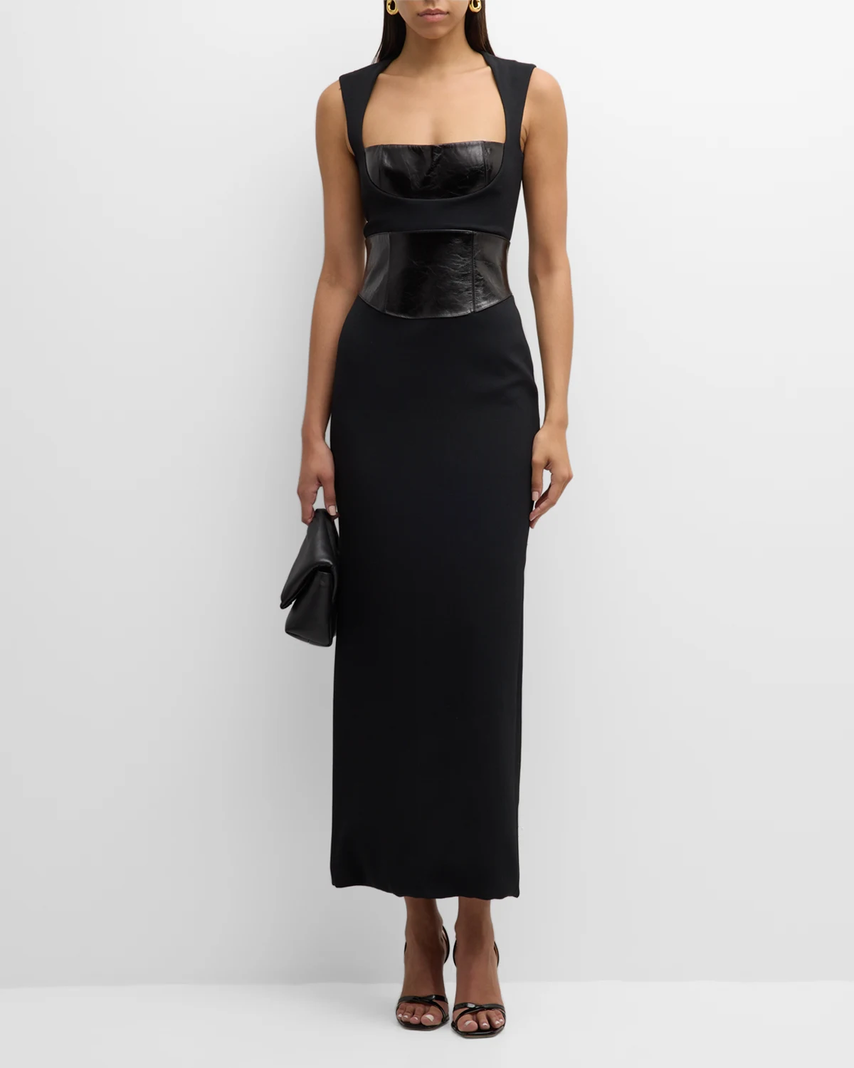 Leather Corset Crepe Sleeveless Maxi Dress