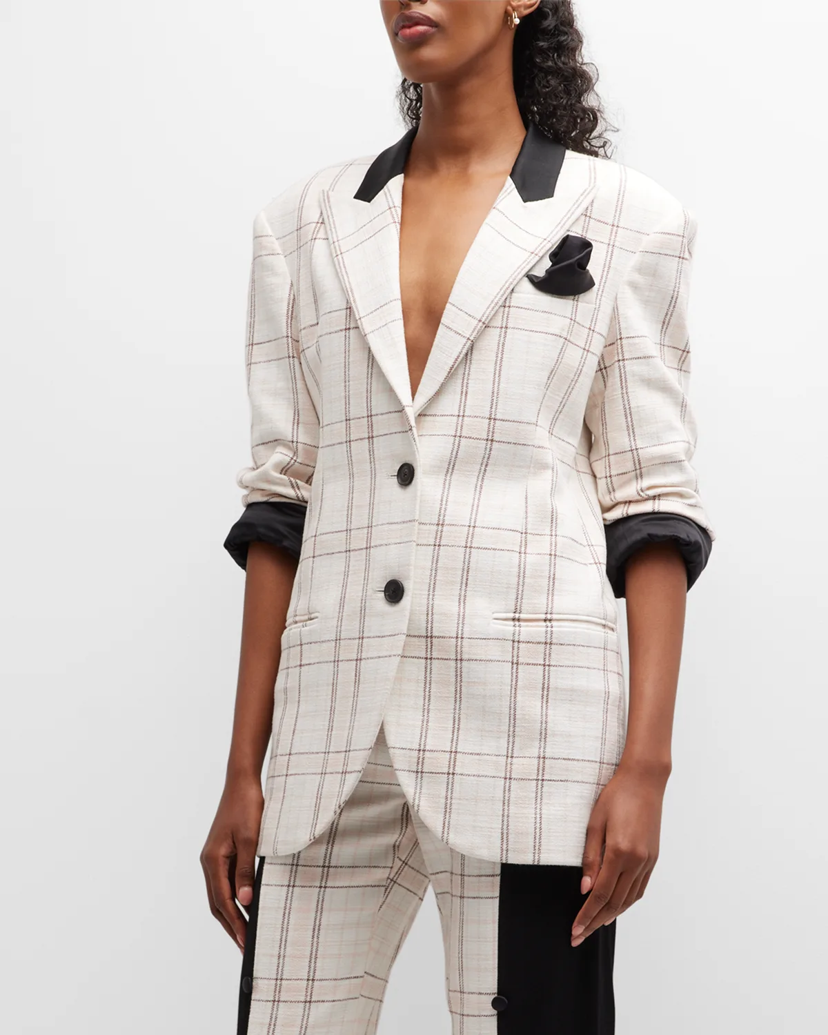 Rupert Satin-Trim Plaid Single-Breasted Blazer Jacket With Pocket Square