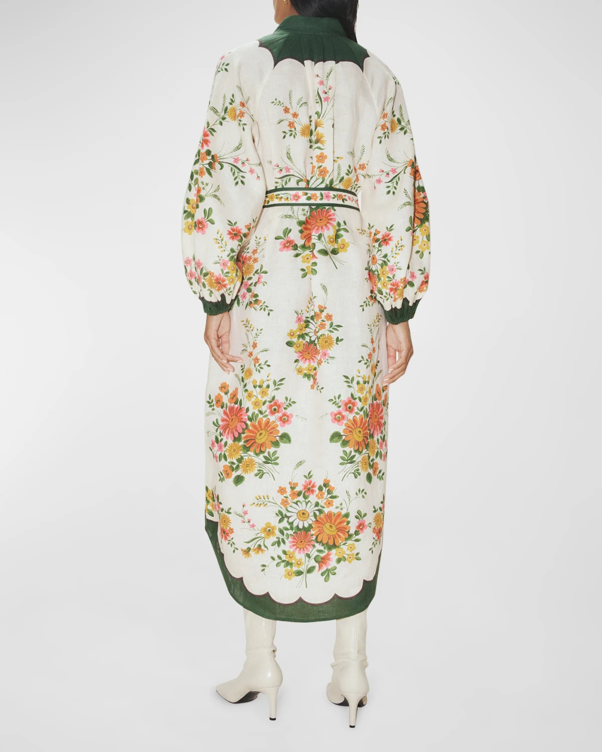 Elisabetta Self-Belt Midi Floral Linen Shirtdress