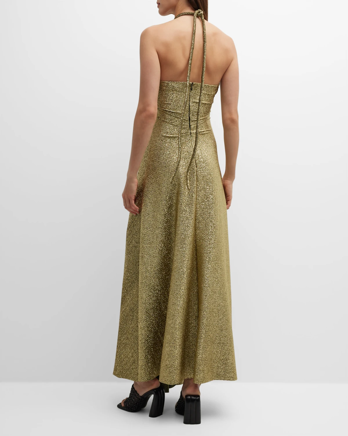 Metallic Jersey Halter Dress with Front Cutout