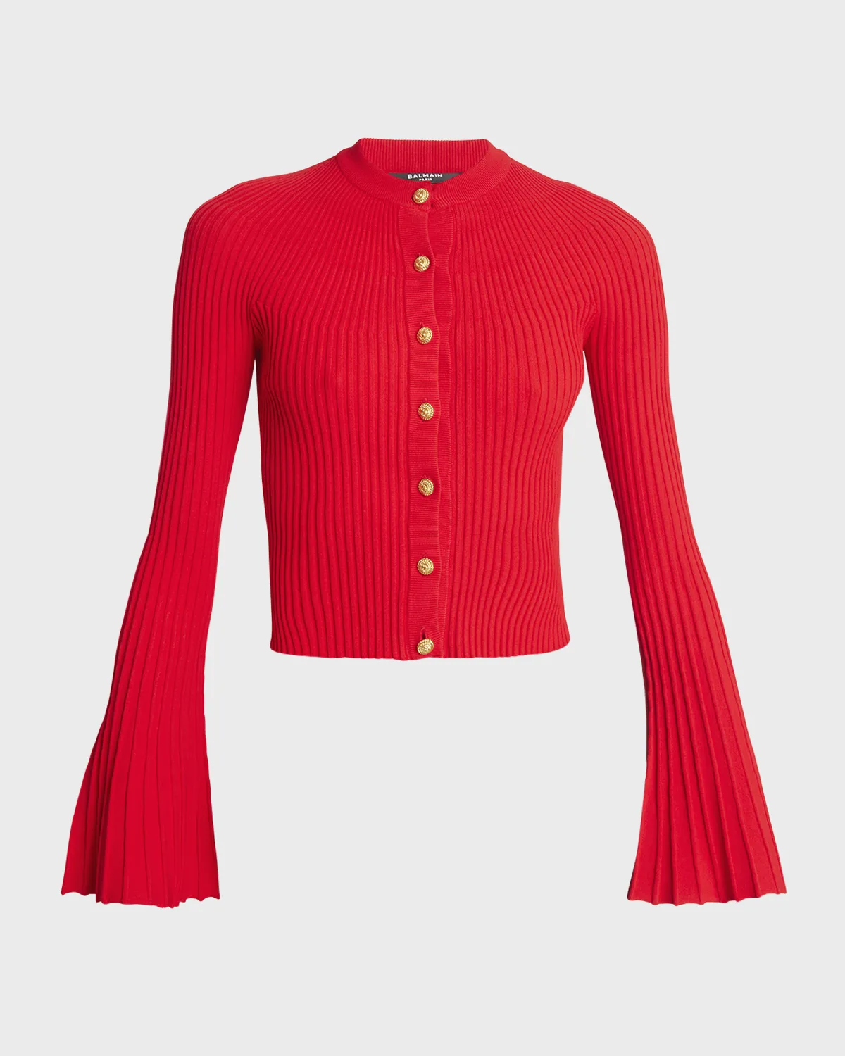 7-Button Flare-Sleeve Pleated Knit Cardigan