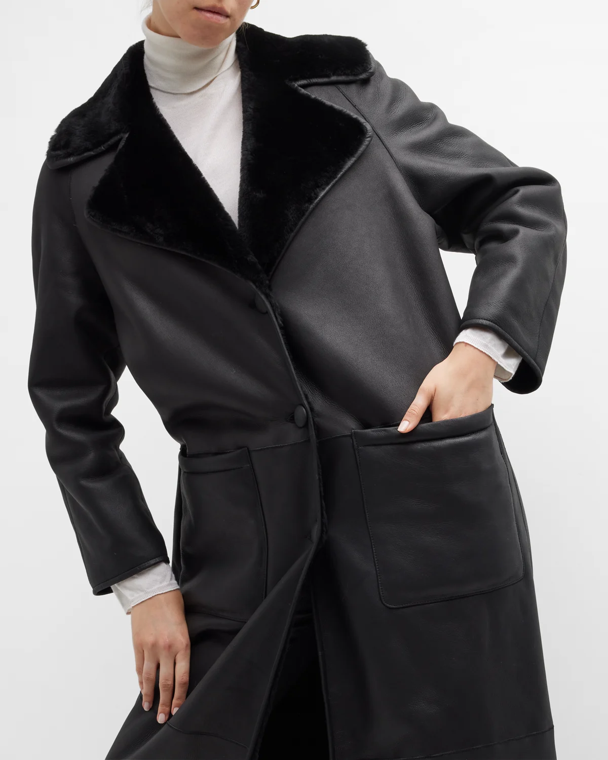 Long Leather Coat w/ Shearling Lining 