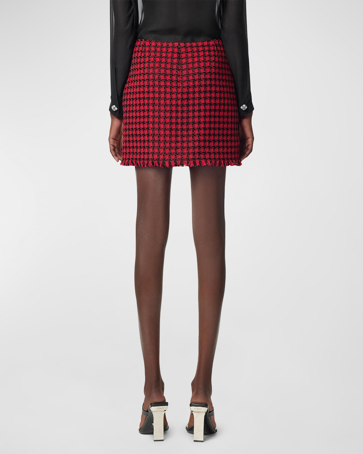 Button-Front Windowpane Wool Tweed Mini Skirt