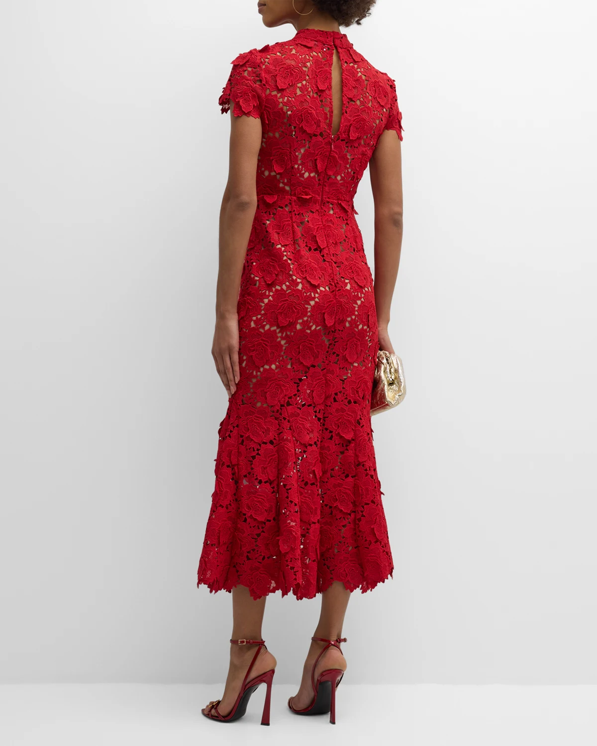 Flower Lace Short-Sleeve Trumpet Midi Dress