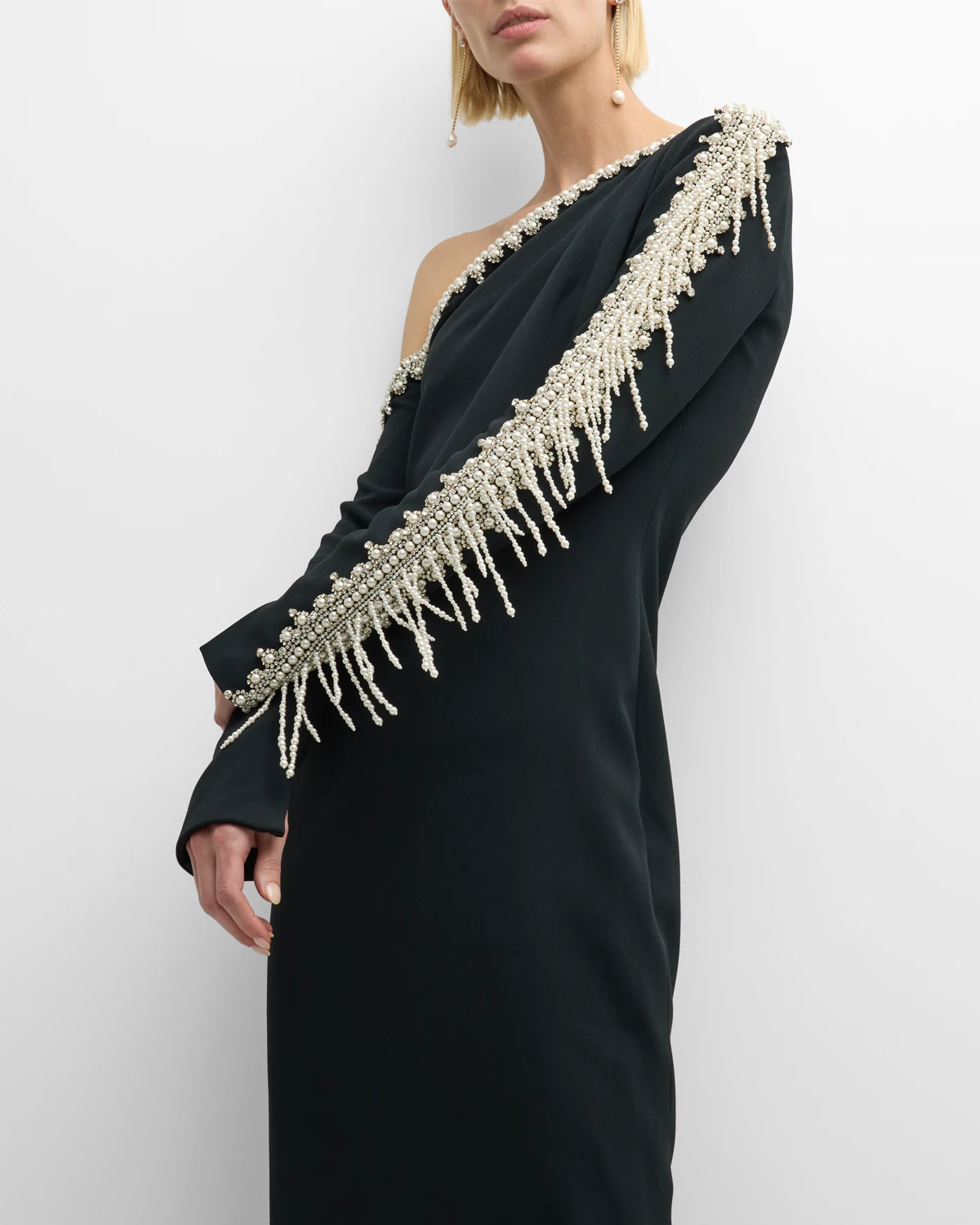 Pearlescent Beaded Fringe One-Shoulder Long-Sleeve Crepe Gown