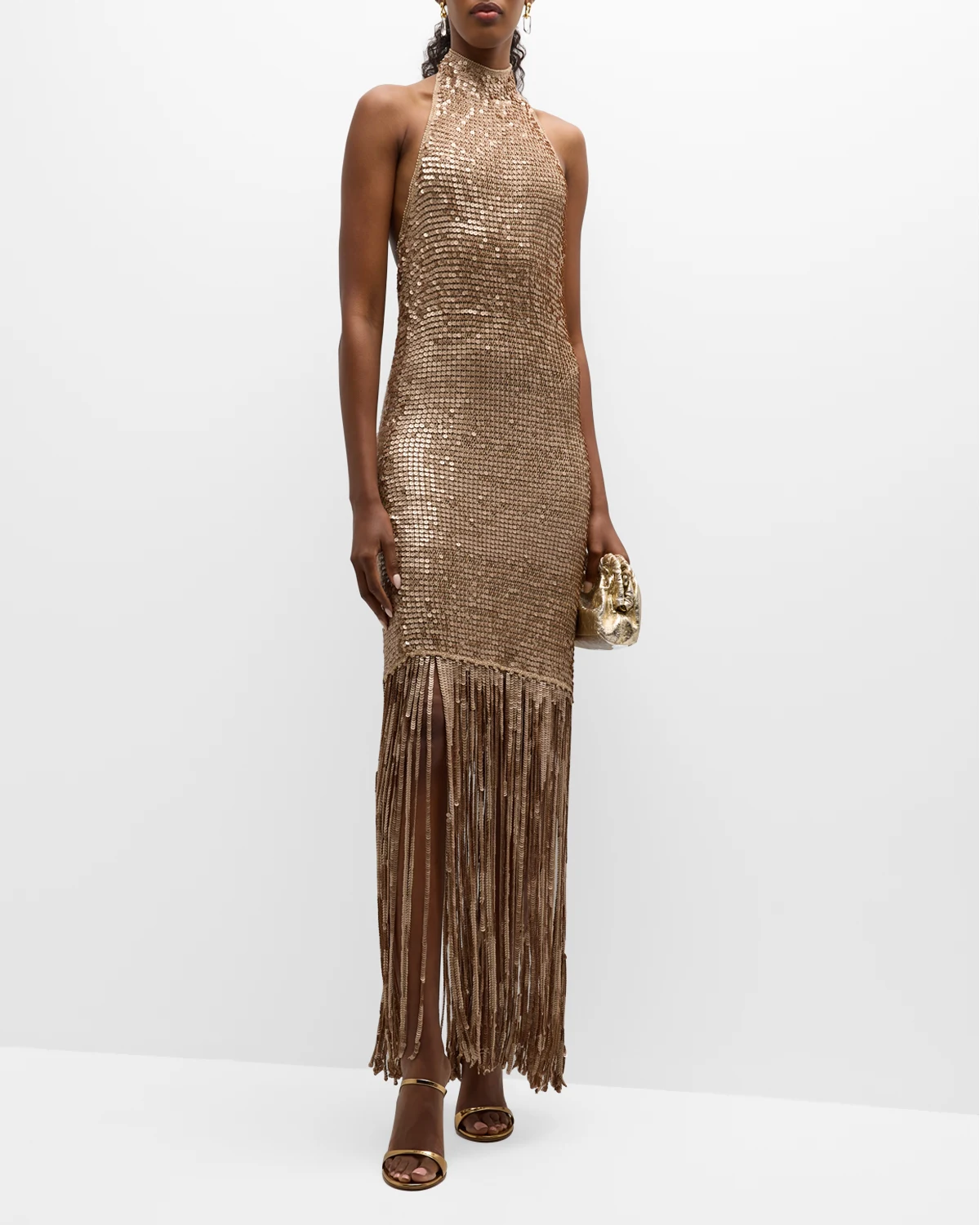 Renzo Metallic Sequin Halter Midi Dress