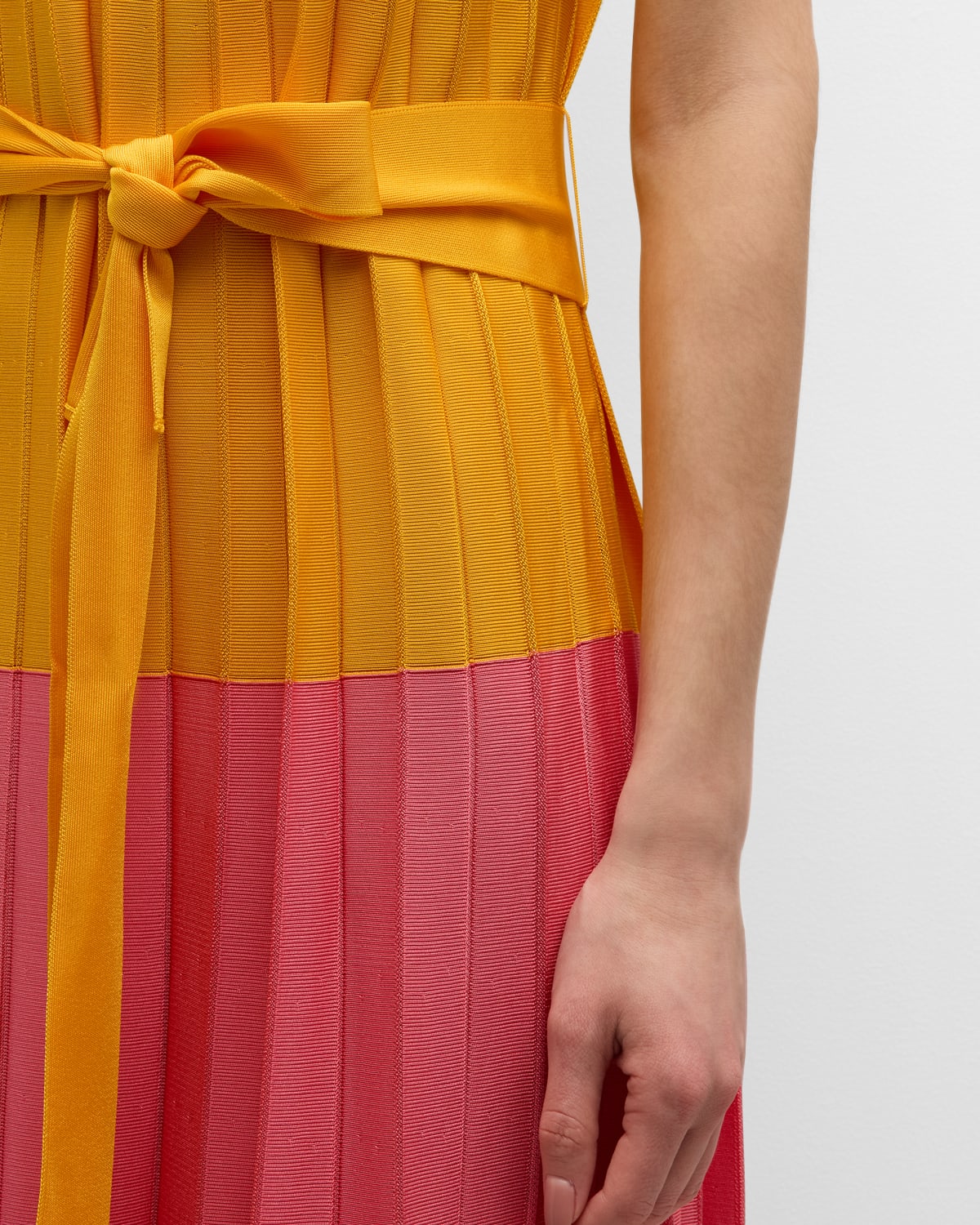 Colorblock Pleated Knit Maxi Dress with Tie Belt