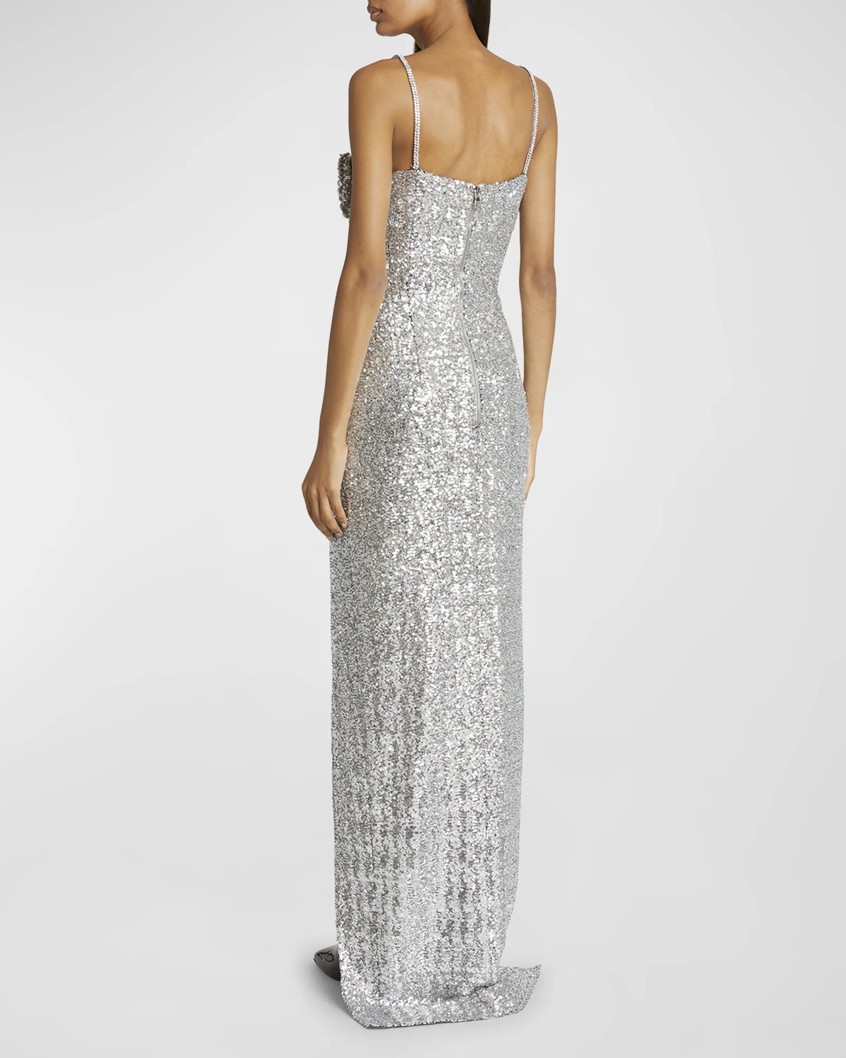 Sequined Column Gown with Rose Detail