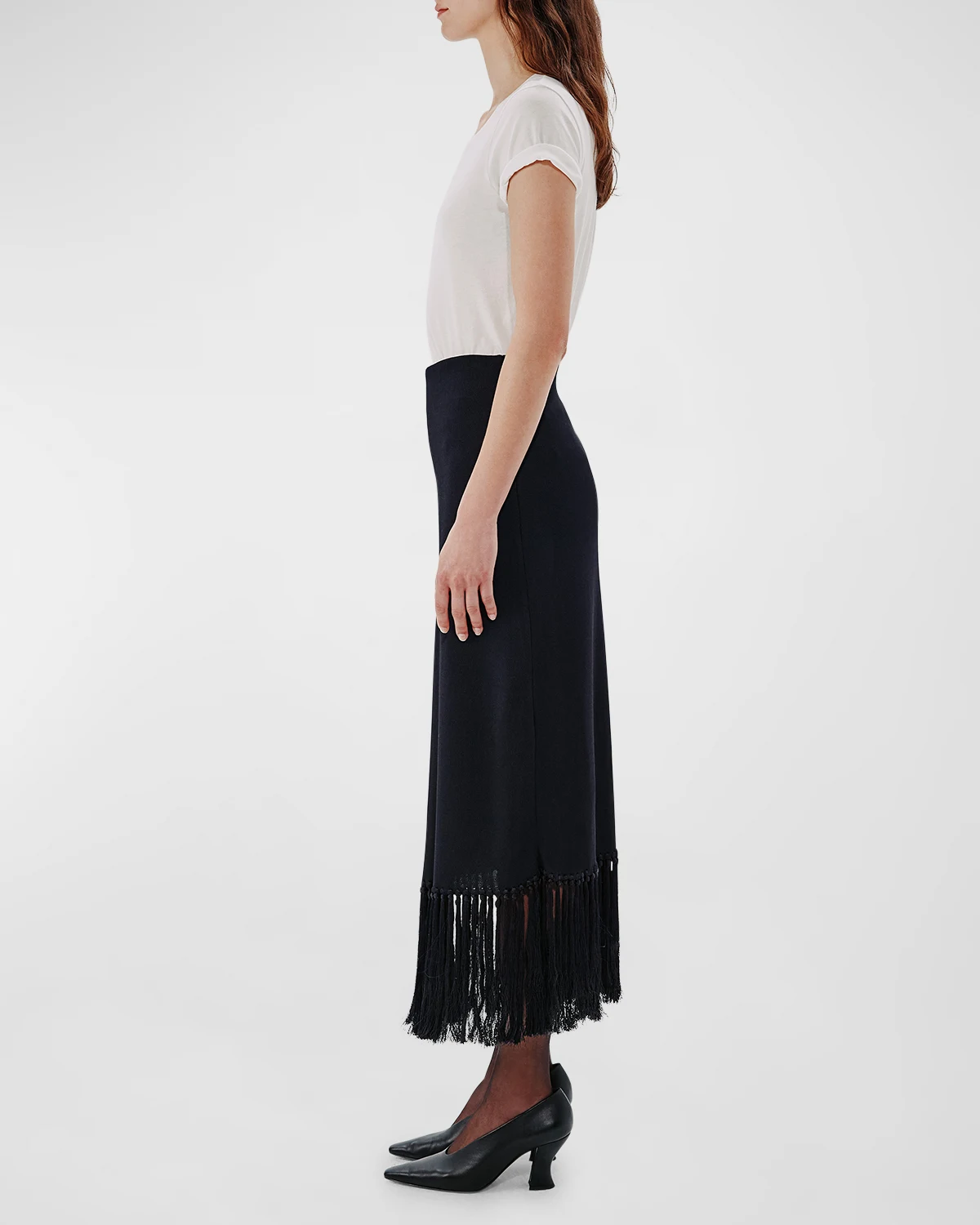 Fringe Hem Knit Maxi Skirt