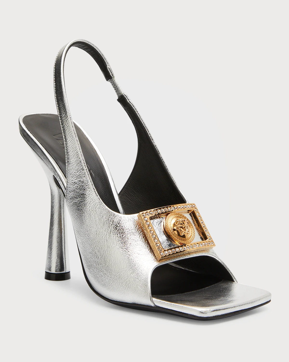 Metallic Medusa Buckle Slingback Sandals