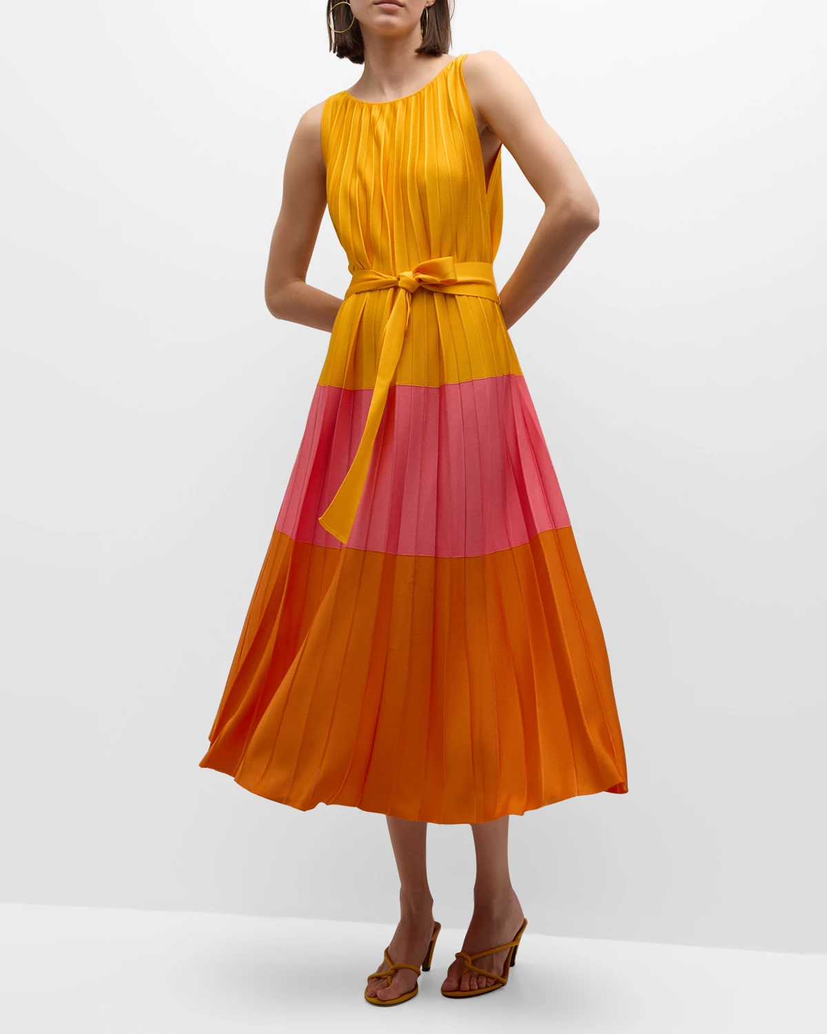 Colorblock Pleated Knit Maxi Dress with Tie Belt