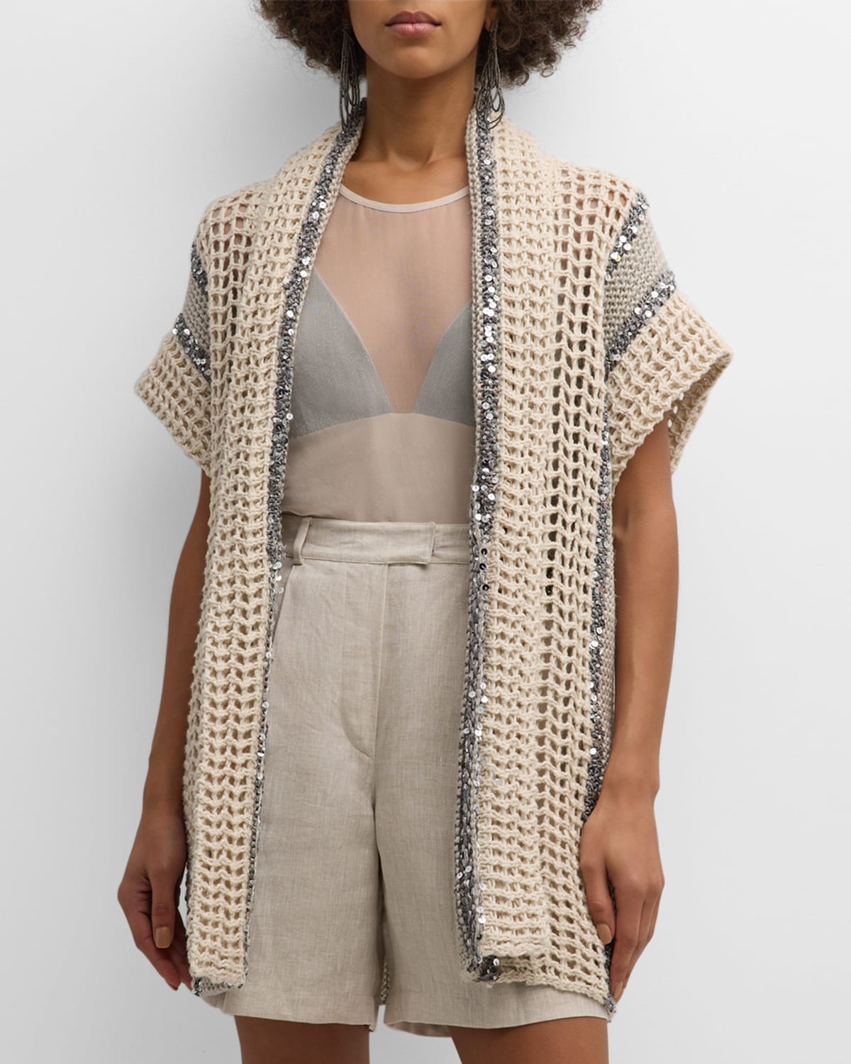 Open-Knit Long Net Cardigan with Paillette Detail