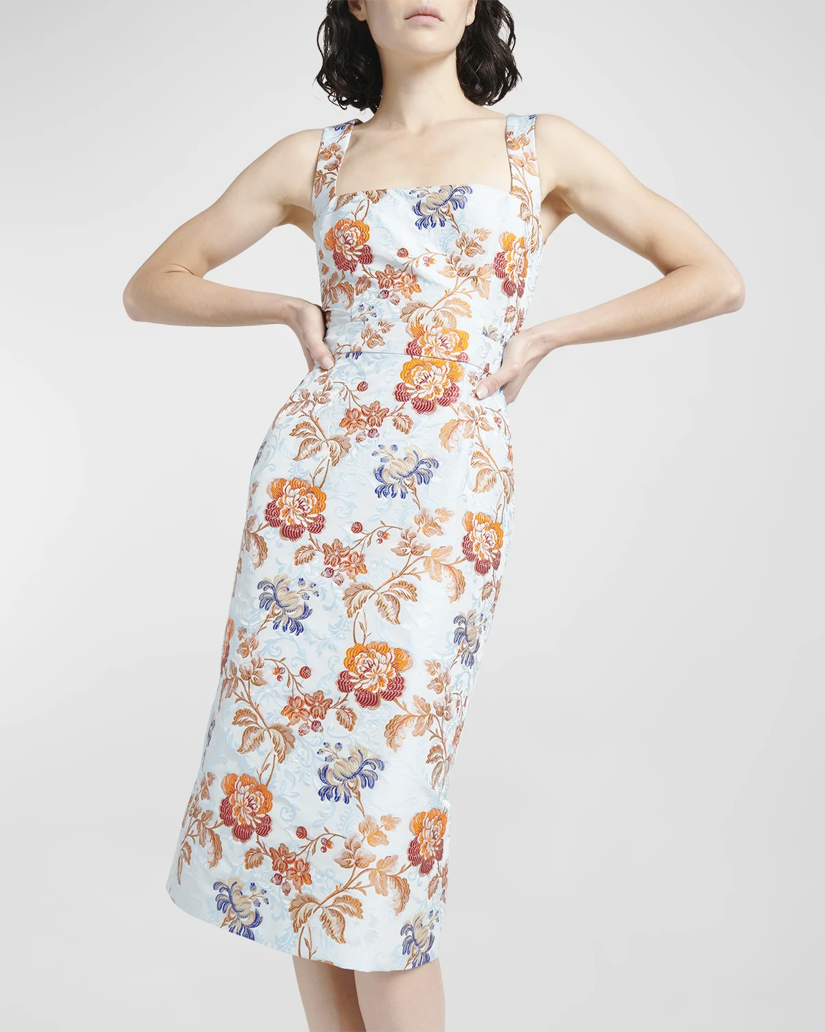 Floral Brocade Sleeveless Midi Sheath Dress