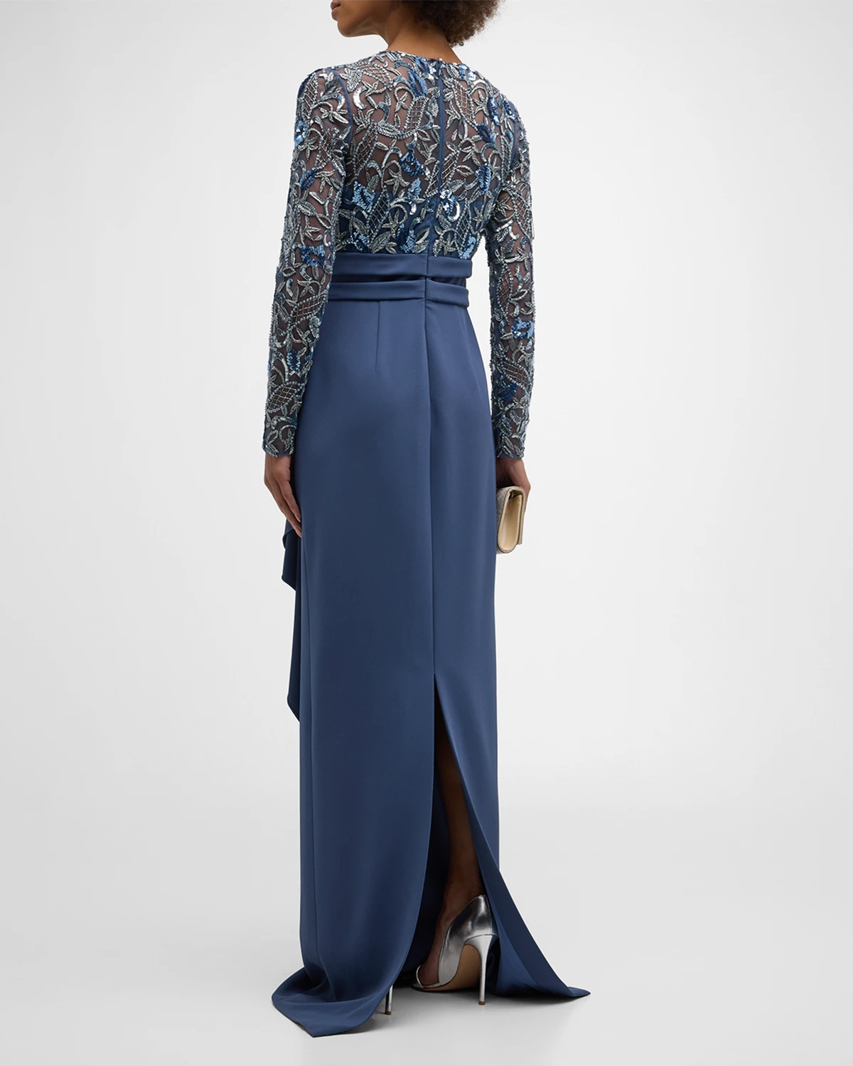 Embroidered Long Sleeve Crepe Gown