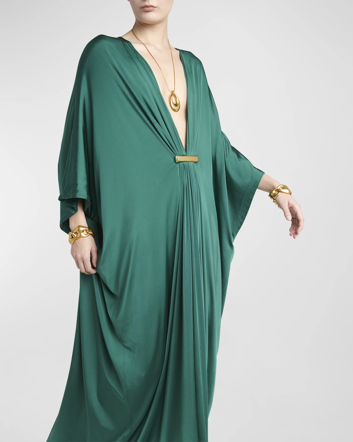 Plunging Satin Stretch Jersey Maxi Kaftan Dress