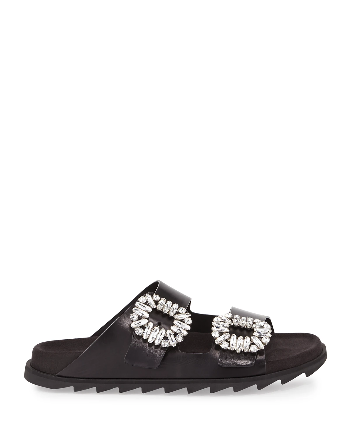 Strass-Buckle Two-Band Slide Sandals, Black