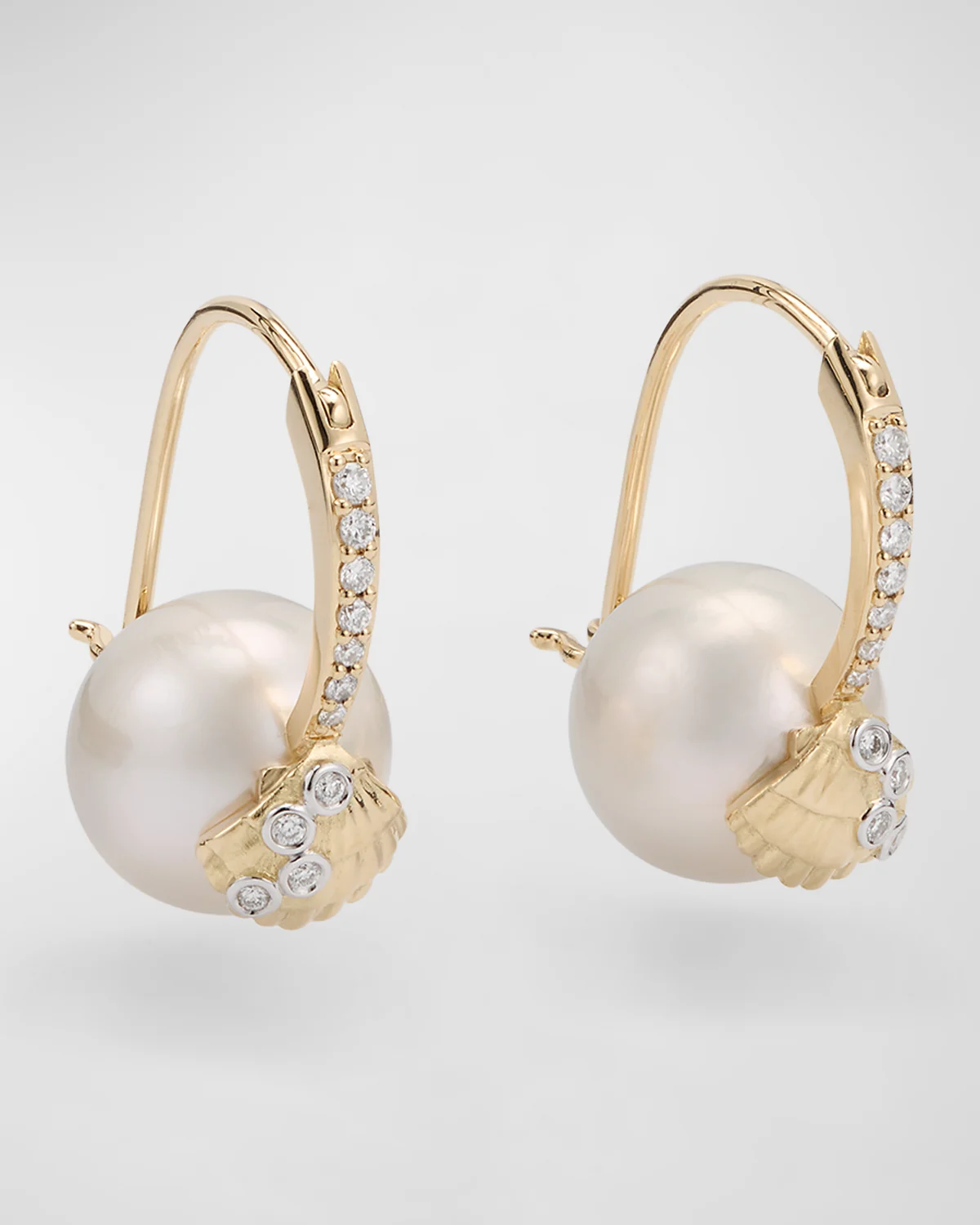 14K Gold Clamshell and 10mm Freshwater Pearl Diamond Earrings 