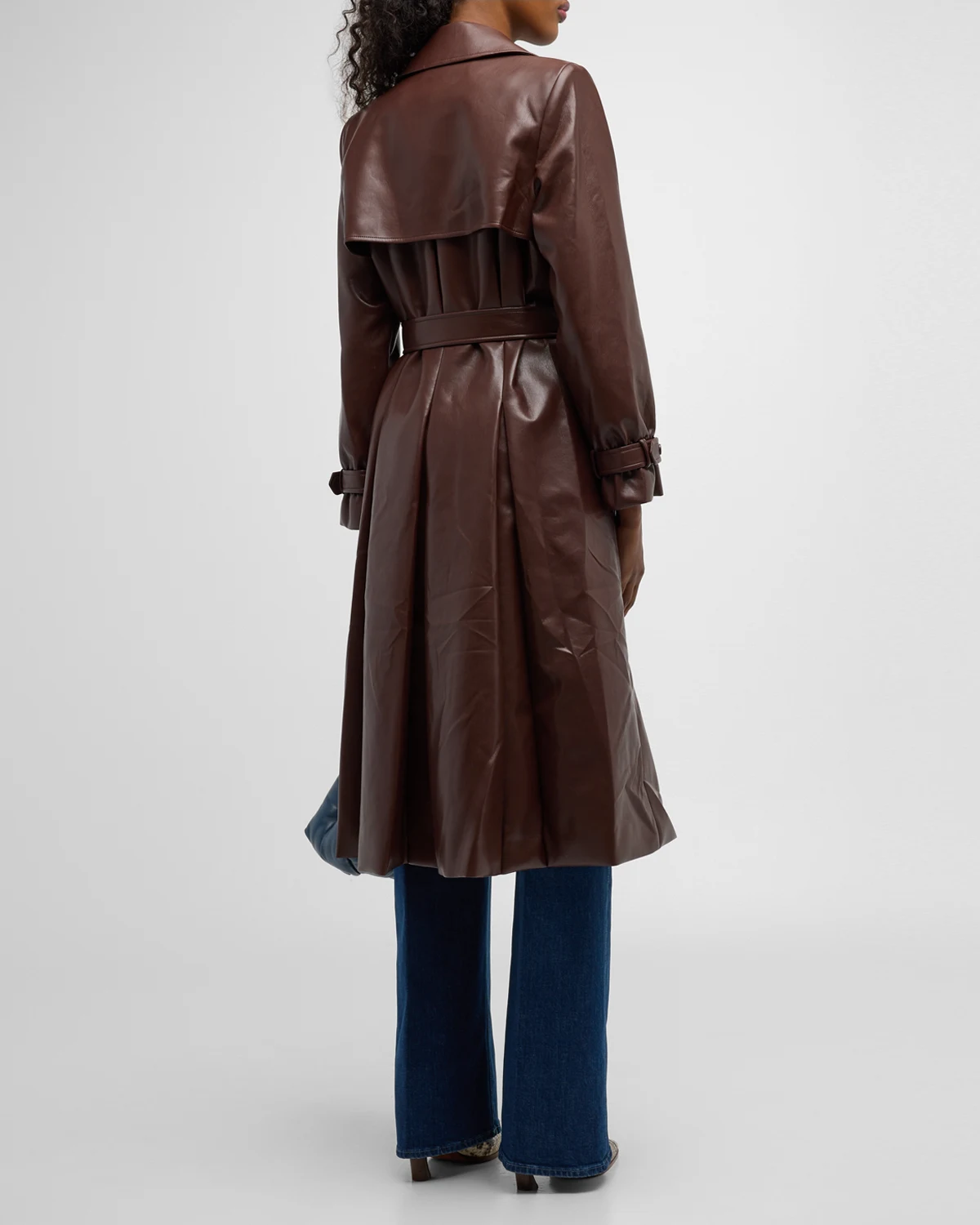 Elicia Strong-Shoulder Vegan Leather Trench Coat 