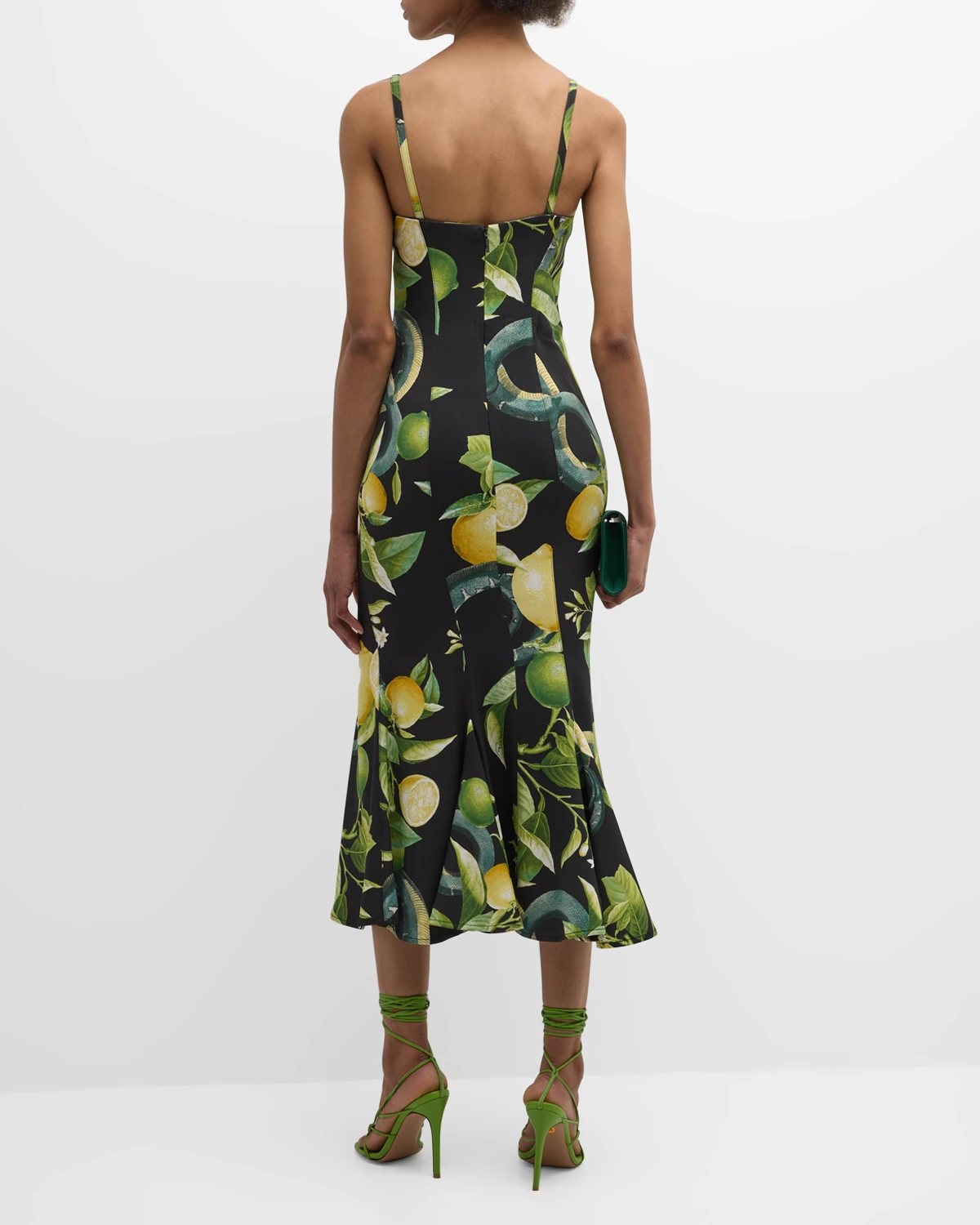 Lemon-Print Sleeveless Trumpet Midi Dress