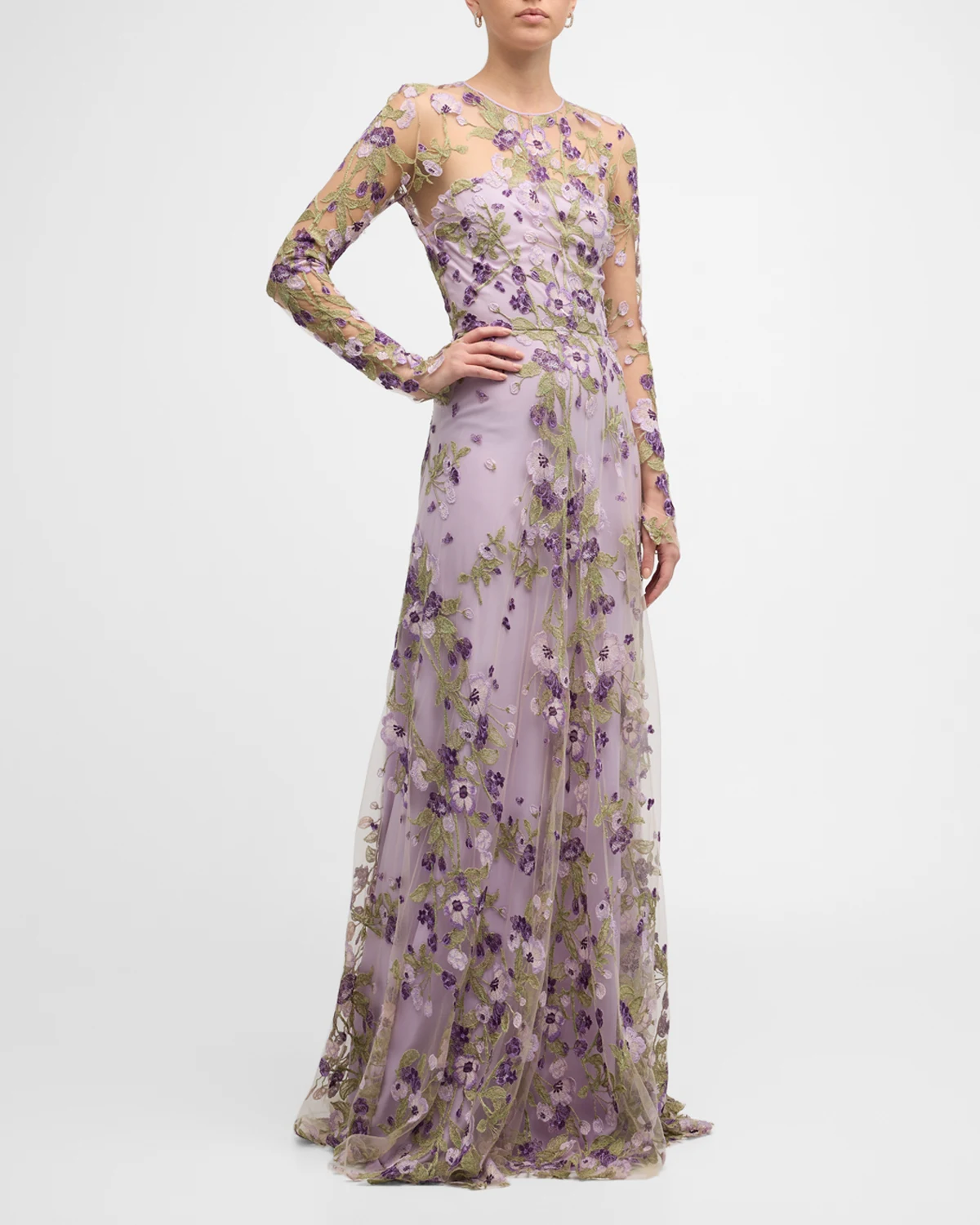 Embroidered Floral Gown with Sheer Overlay