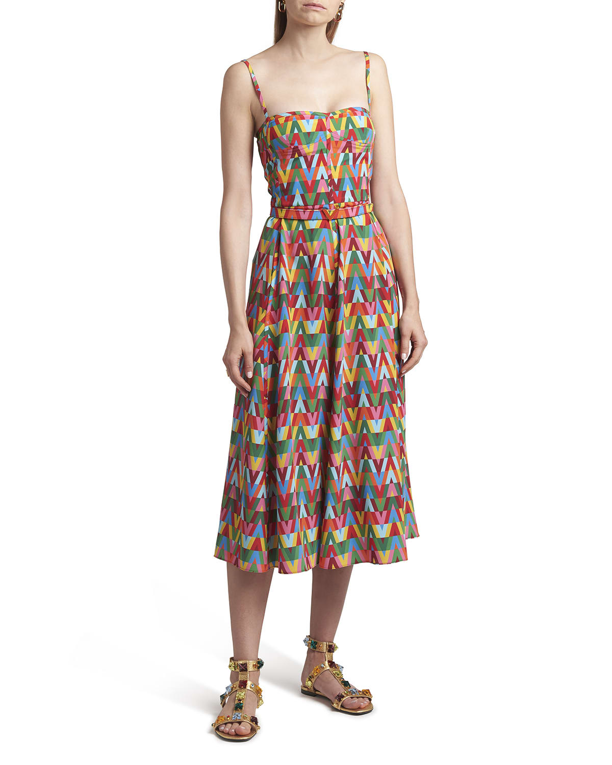 V-Print Belted Silk Midi Dress