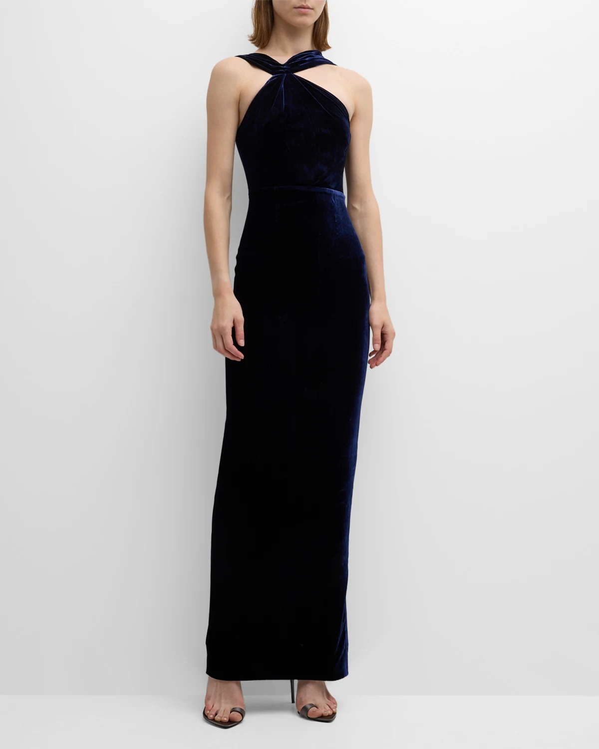 Asymmetric Halter Velvet Column Gown