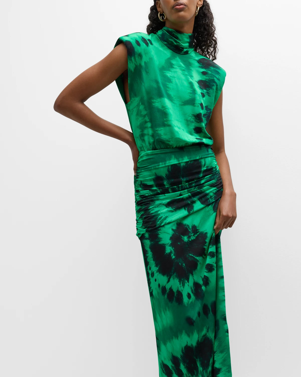 Light Nirvana Tie-Dye Ruched Turtleneck Midi Dress