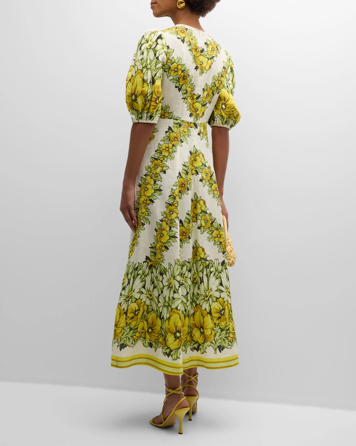 Gisela Balloon-Sleeve Floral Linen A-Line Midi Dress