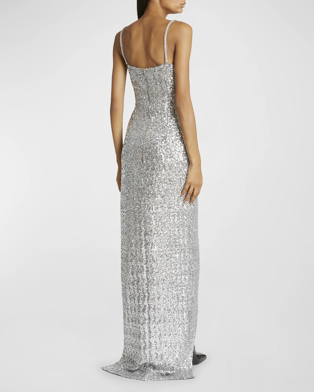 Sequined Column Gown with Rose Detail