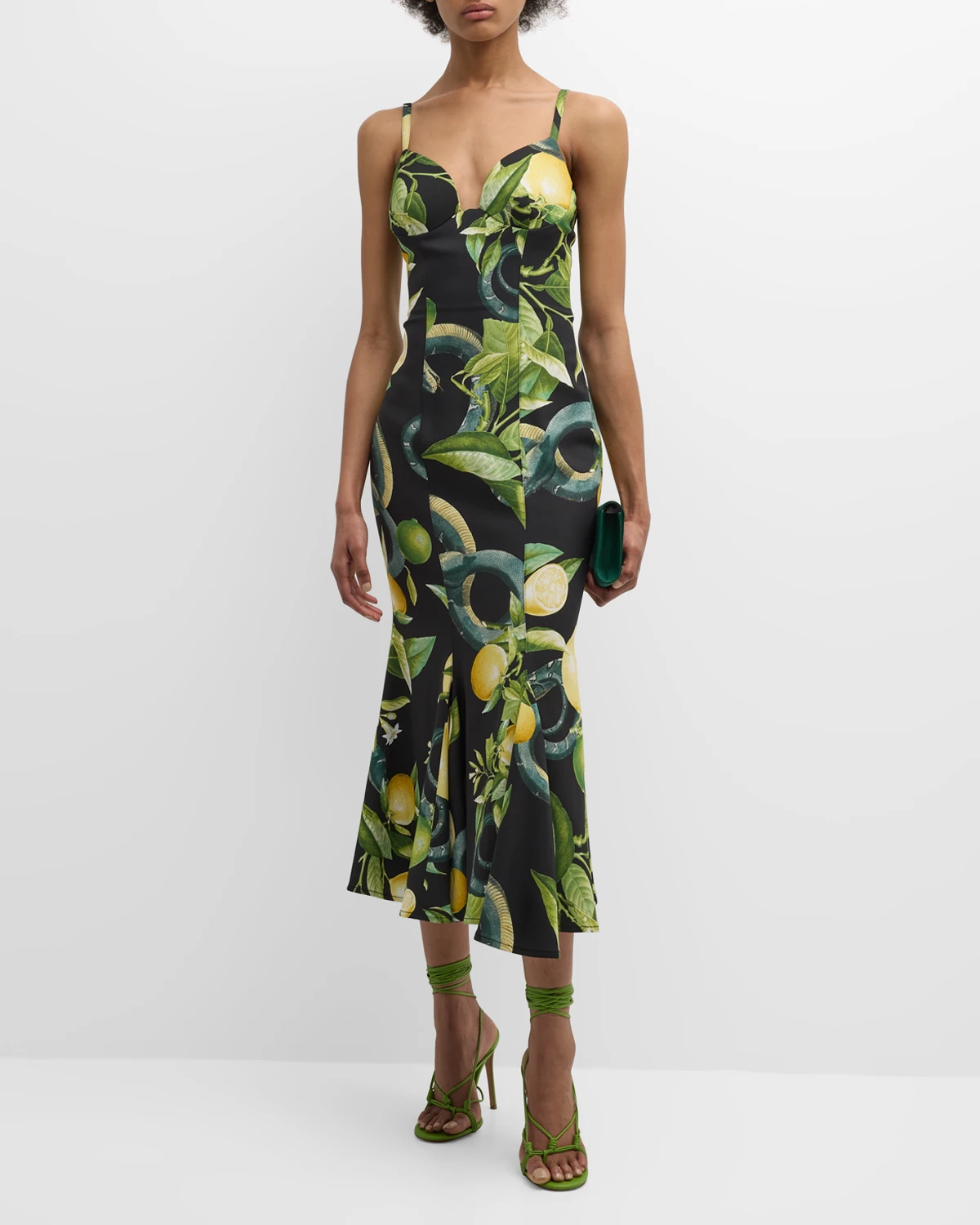 Lemon-Print Sleeveless Trumpet Midi Dress