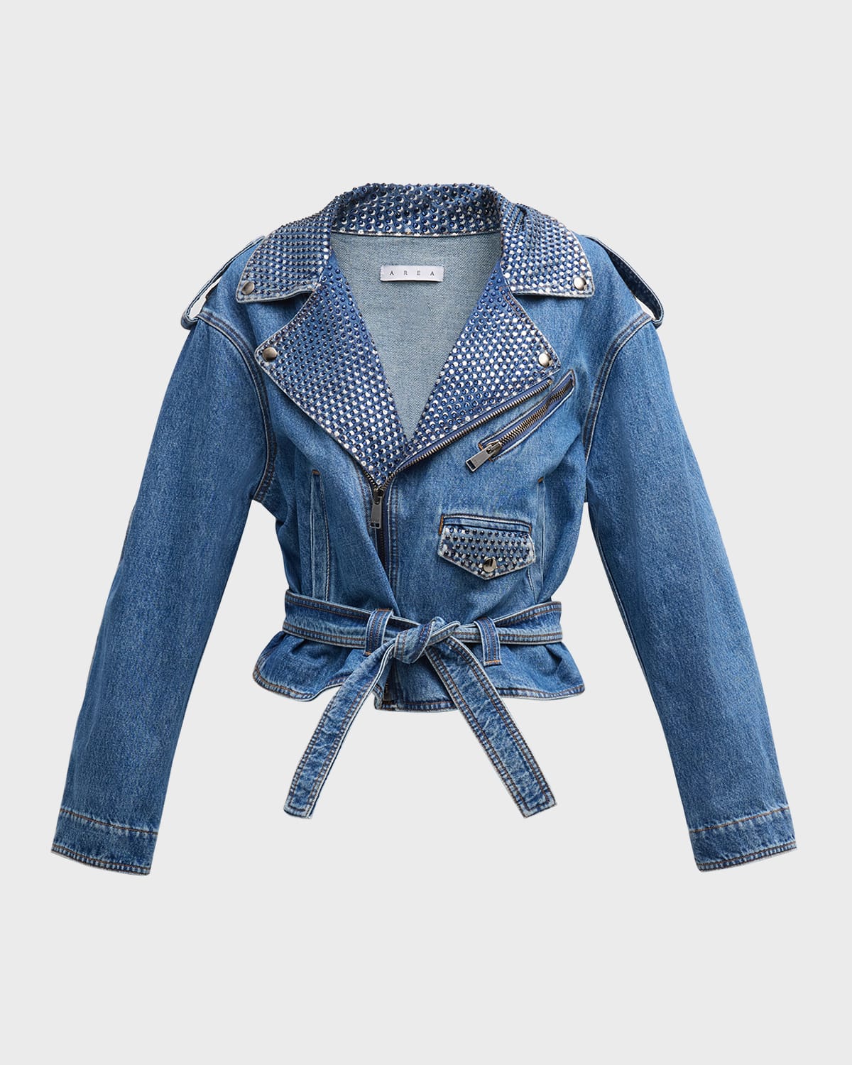 Crystal-Embellished Crop Denim Moto Jacket