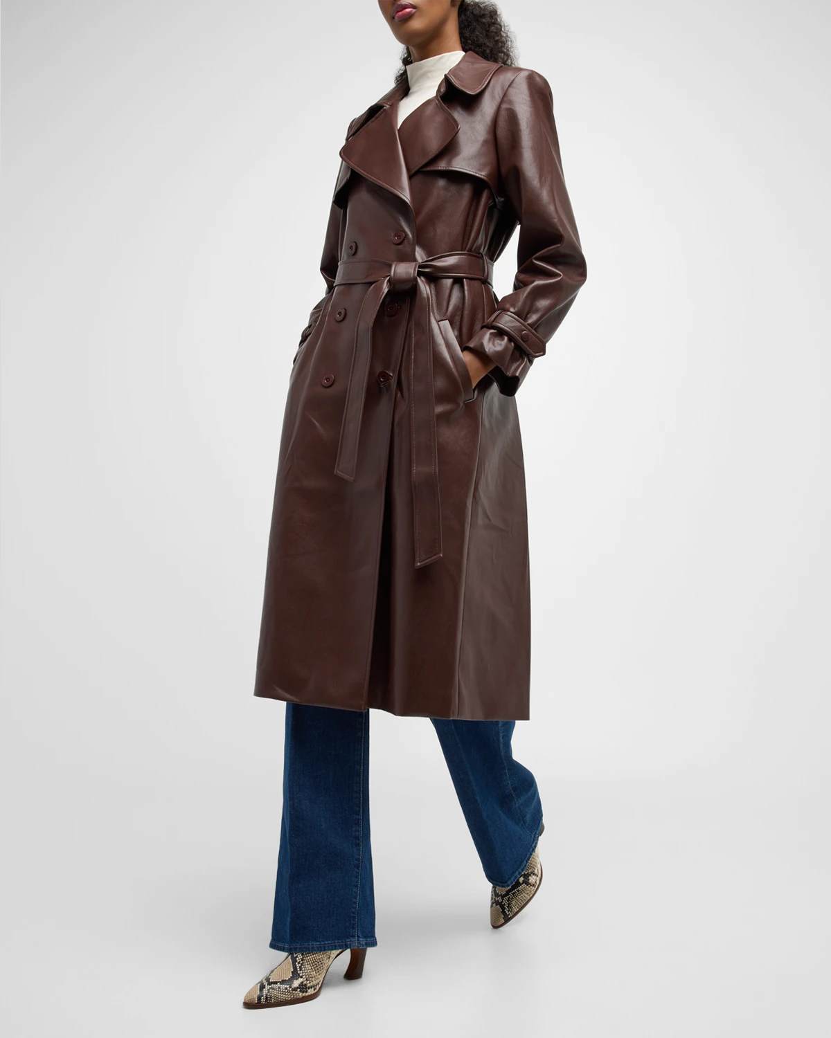 Elicia Strong-Shoulder Vegan Leather Trench Coat 