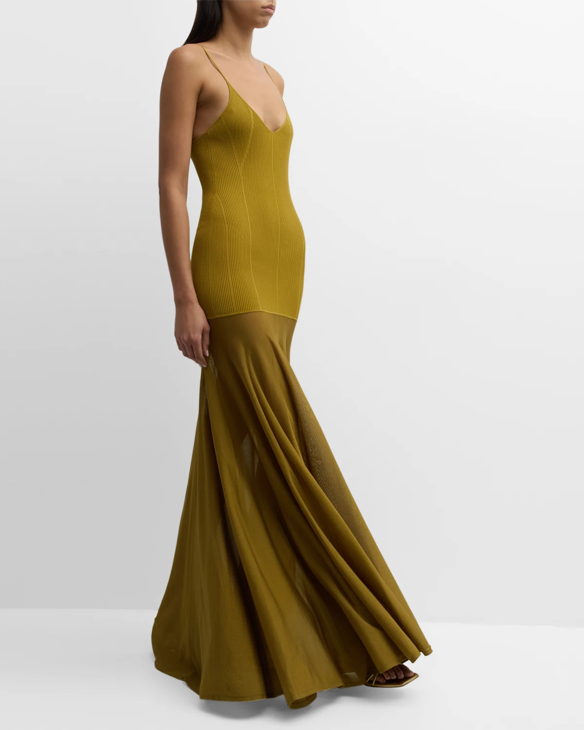 The Katya Ribbed Knit Maxi Dress with Sheer Pleated Skirt