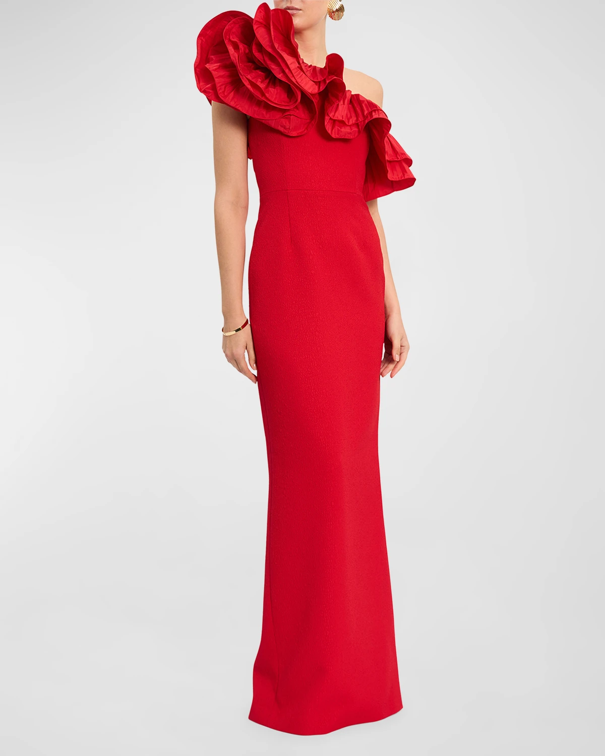 Chiara One-Shoulder Ruffle Crepe Column Gown