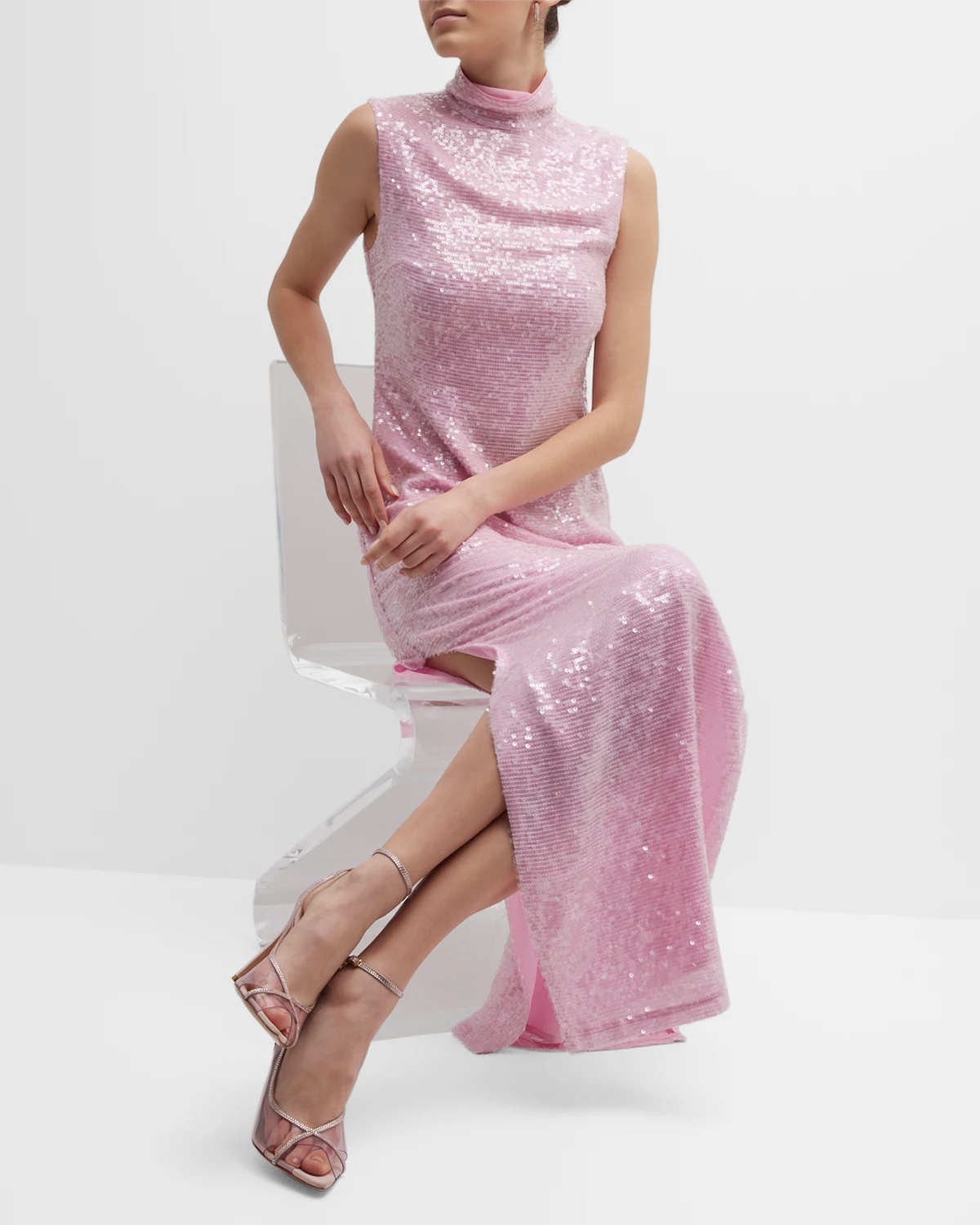 Sequin Turtleneck Side-Slit Maxi Dress