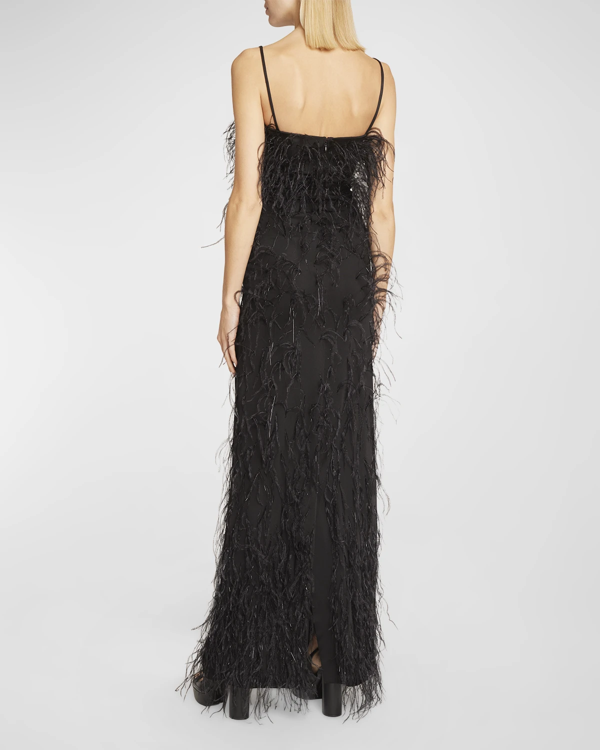 Embroidered Feather Column Gown