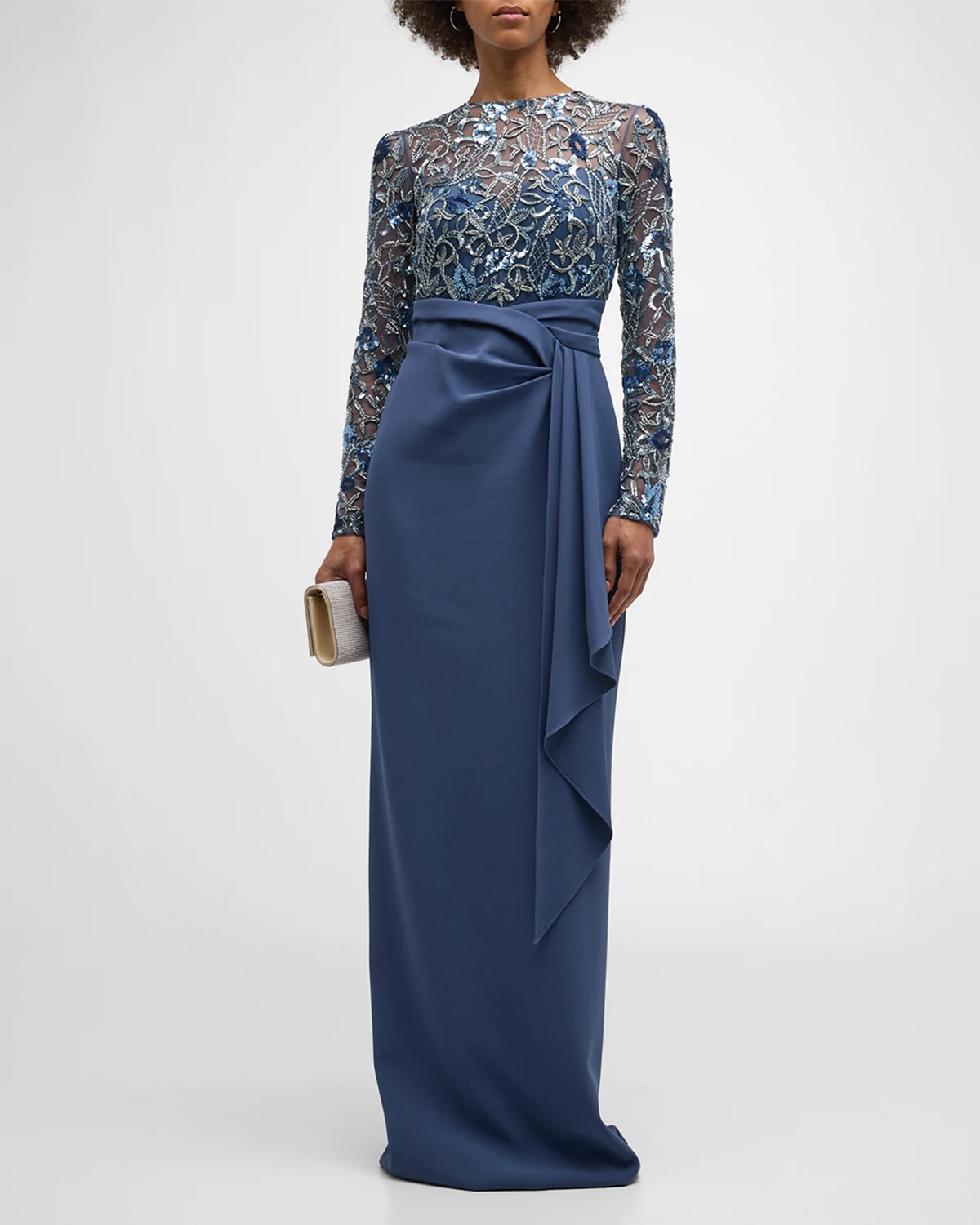 Embroidered Long Sleeve Crepe Gown