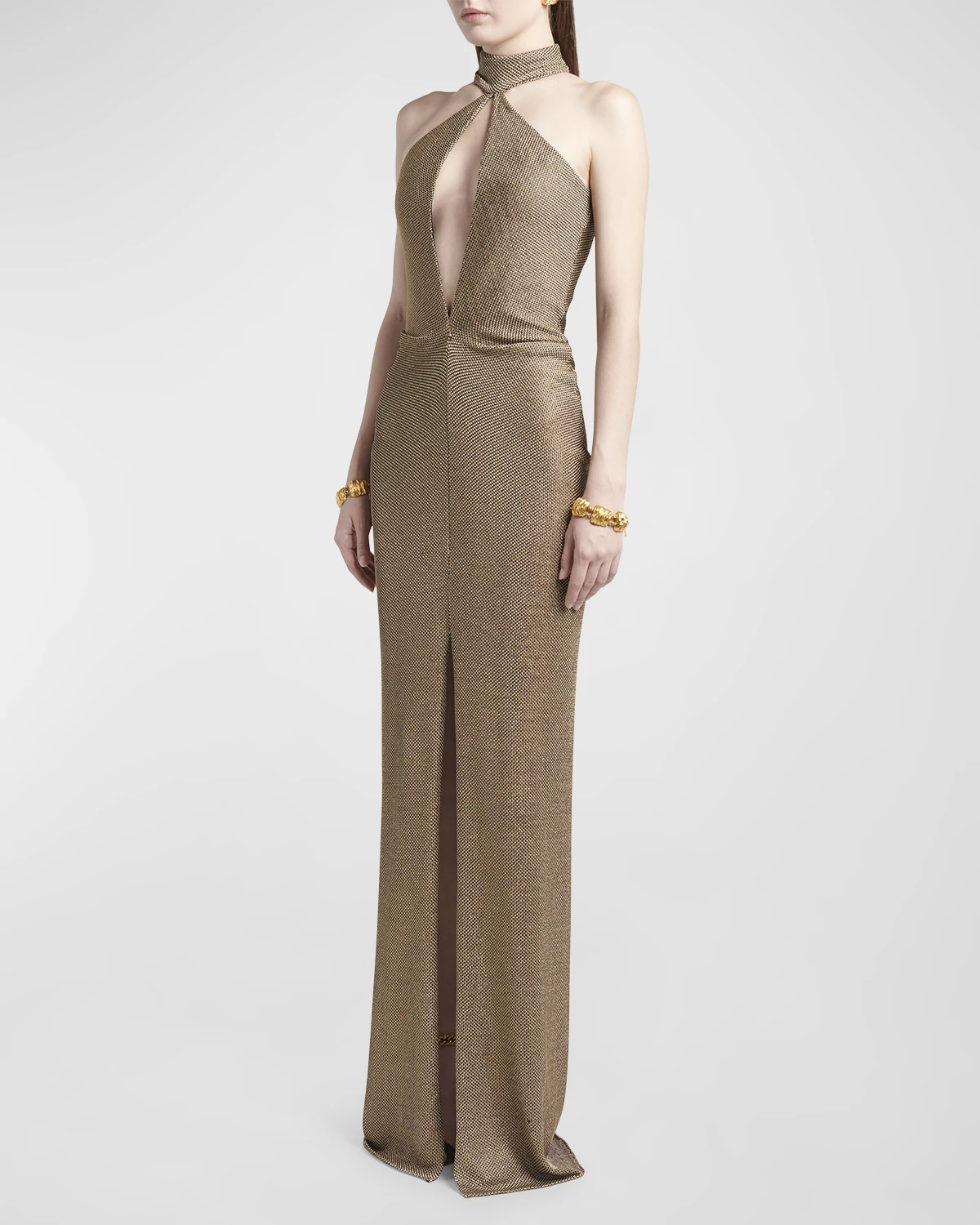 Cutout Mock-Neck Halter Metallic Honeycomb Evening Gown