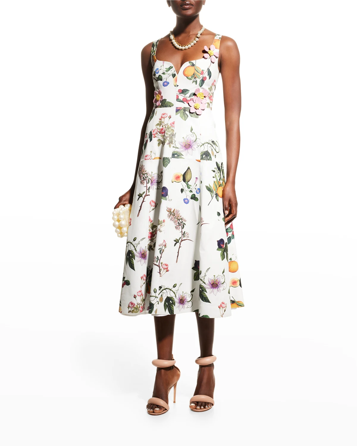 Botanical-Print Flower-Applique Leather Midi Dress